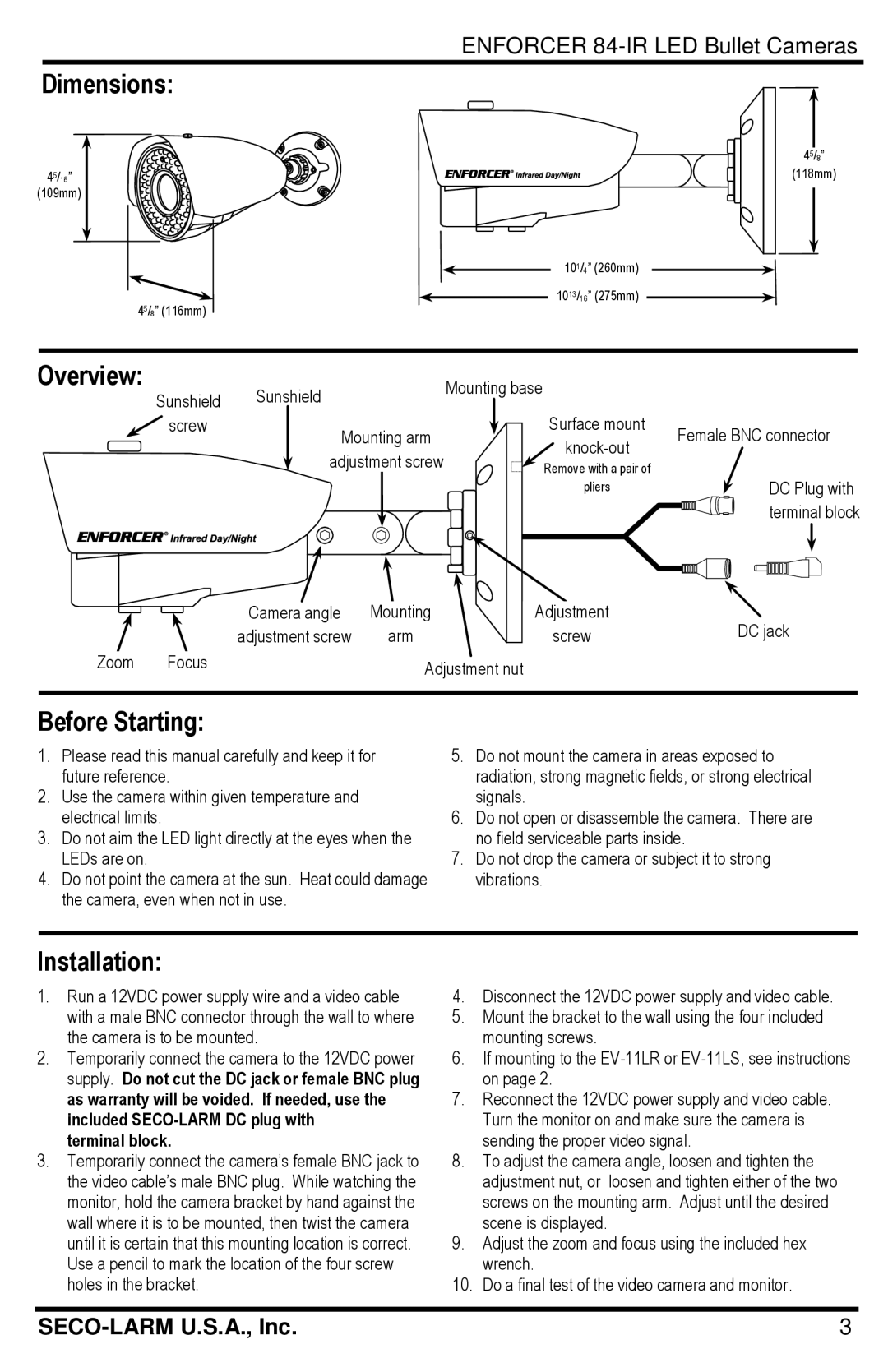 SECO-LARM USA EV-1826-PKGQ, EV-1826-NKGQ manual Dimensions, Overview, Before Starting, Installation 