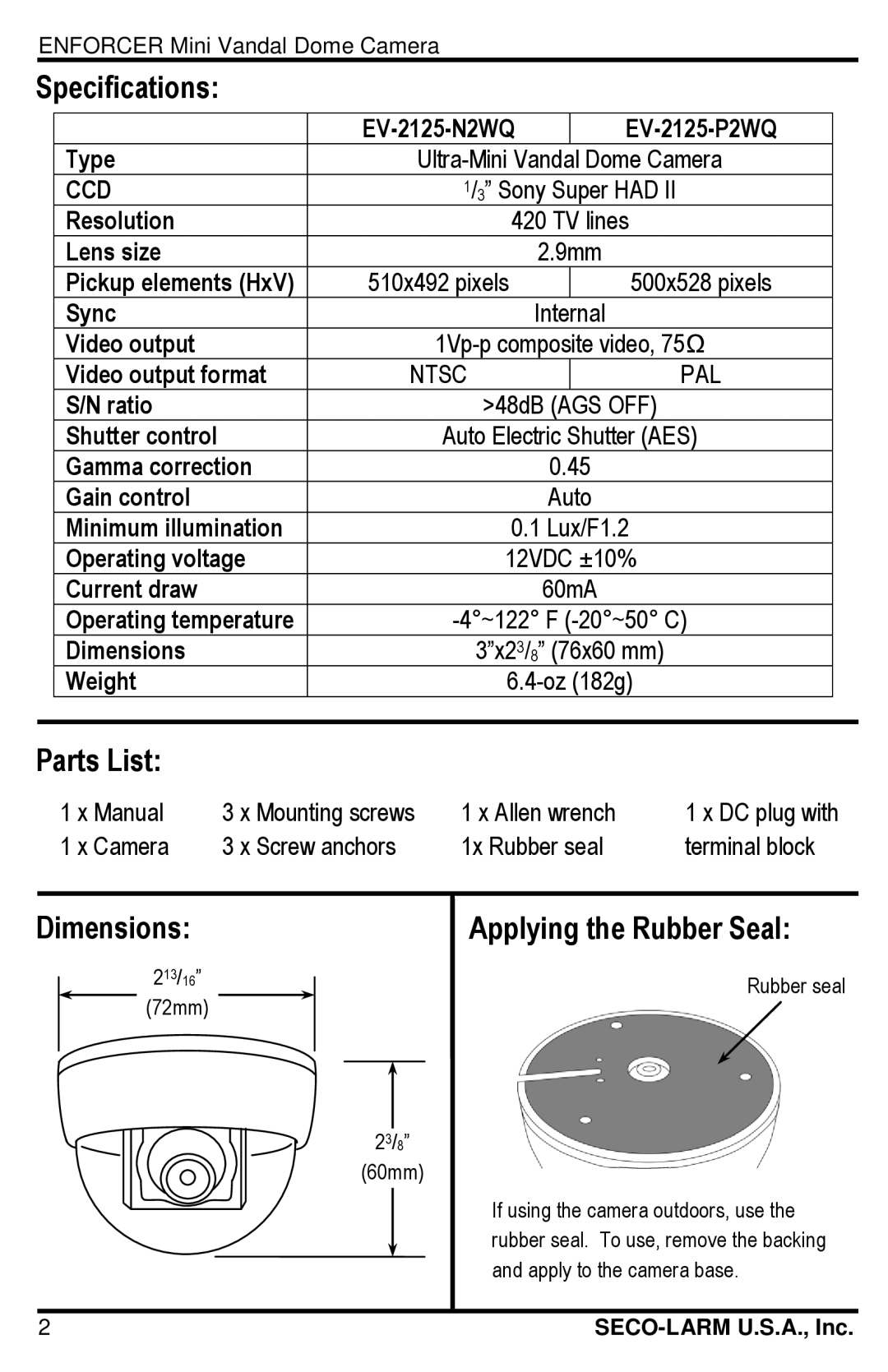 SECO-LARM USA EV-2125-N2WQ, EV-2125-P2WQ manual Specifications, Parts List, Dimensions, Applying the Rubber Seal 