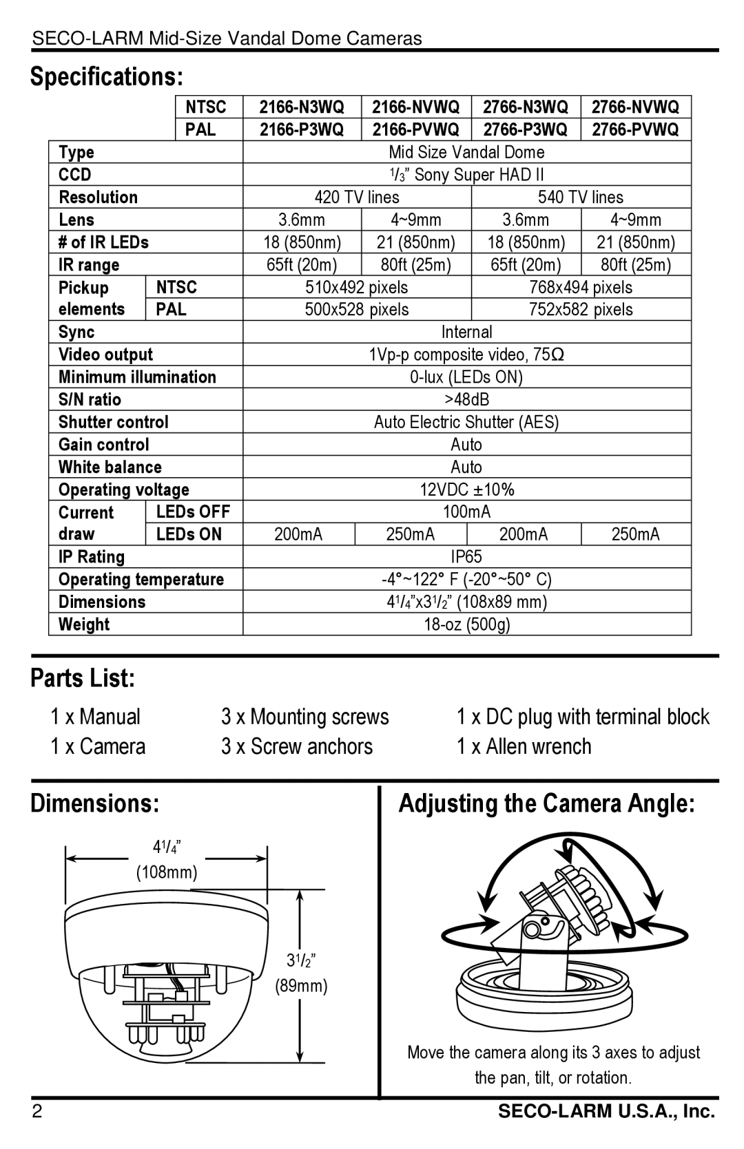 SECO-LARM USA EV-2166-N3WQ, EV-2166-P3WQ, EV-2166-PVWQ Specifications, Parts List, Dimensions, Adjusting the Camera Angle 