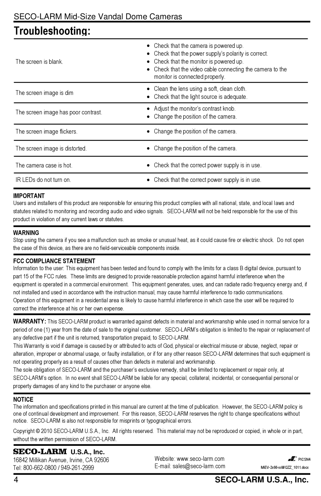 SECO-LARM USA EV-2766-N3WQ, EV-2166-P3WQ, EV-2166-PVWQ, EV-2166-N3WQ, EV-2766-P3WQ Troubleshooting, FCC Compliance Statement 