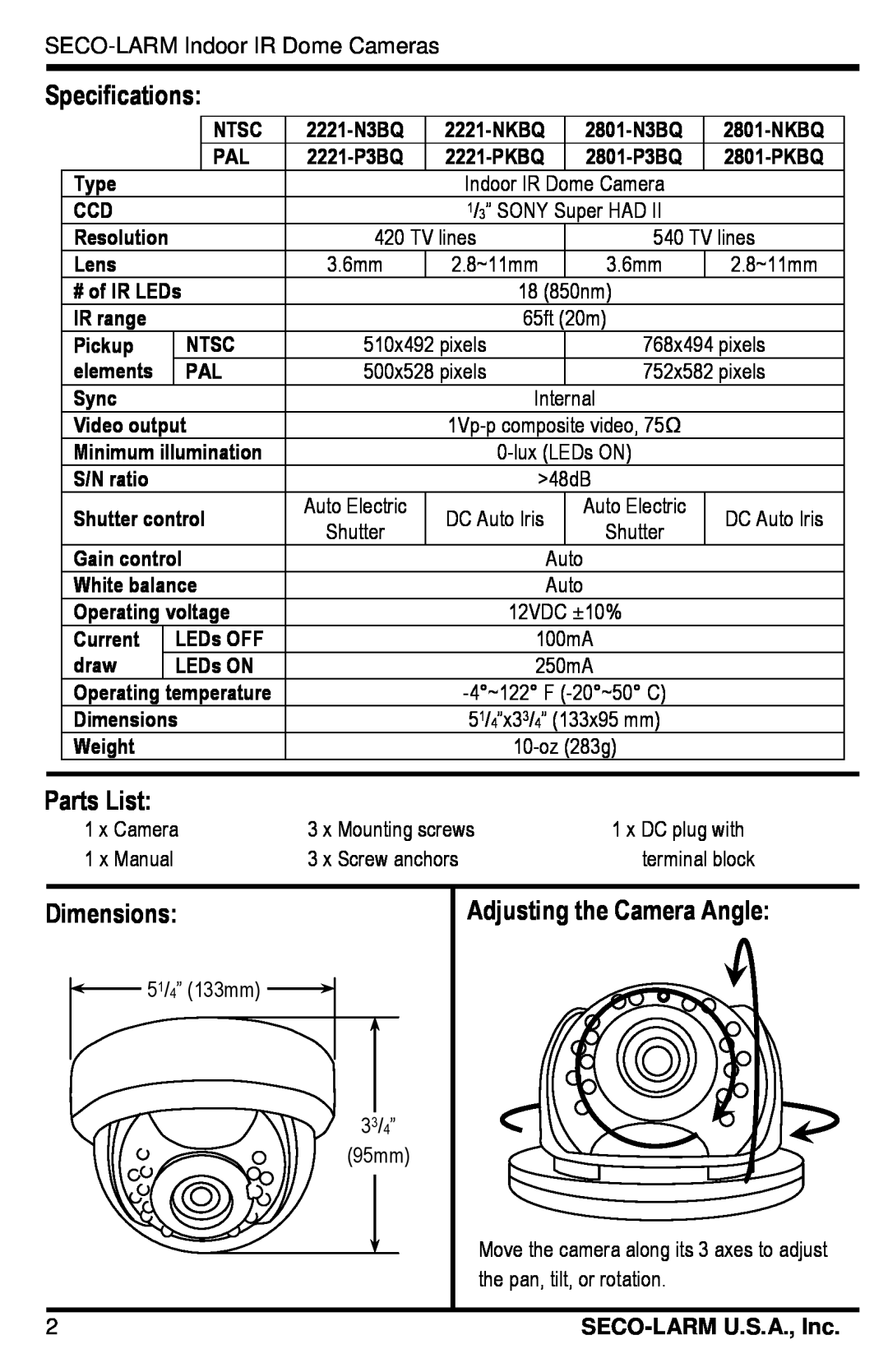 SECO-LARM USA EV-2221-P3BQ, EV-2221-PKBQ, EV-2221-N3BQ Specifications, Parts List, Dimensions, Adjusting the Camera Angle 