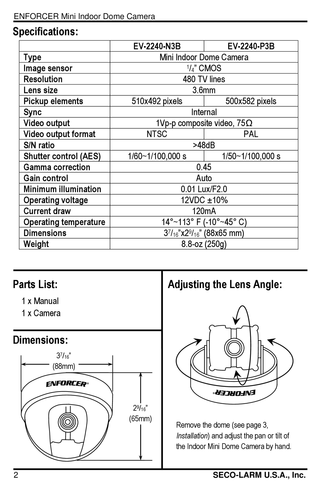 SECO-LARM USA EV-2240-P3B, EV-2240-N3B manual Specifications, Parts List 