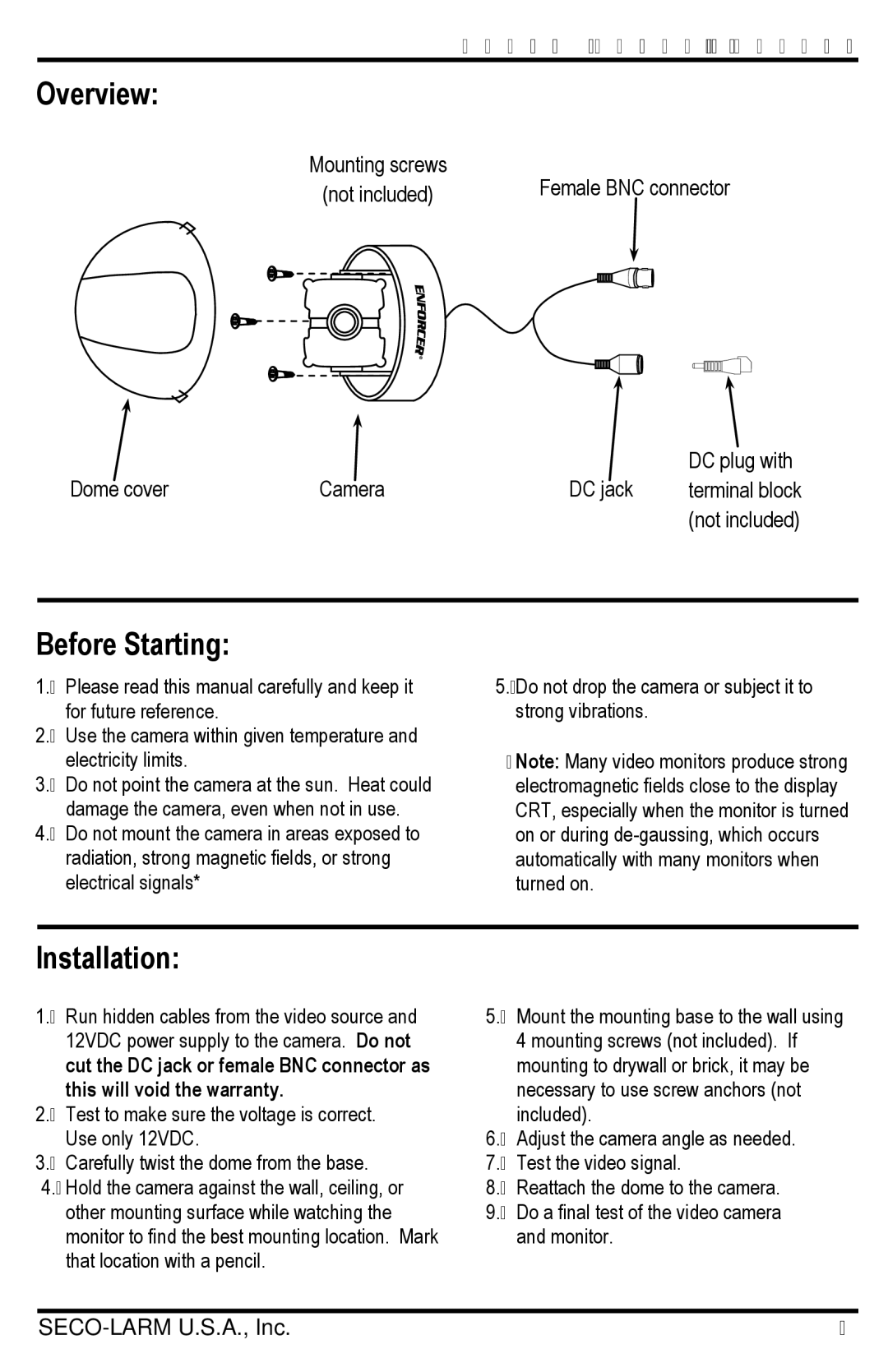 SECO-LARM USA EV-2240-N3B, EV-2240-P3B manual Overview, Before Starting, Installation 