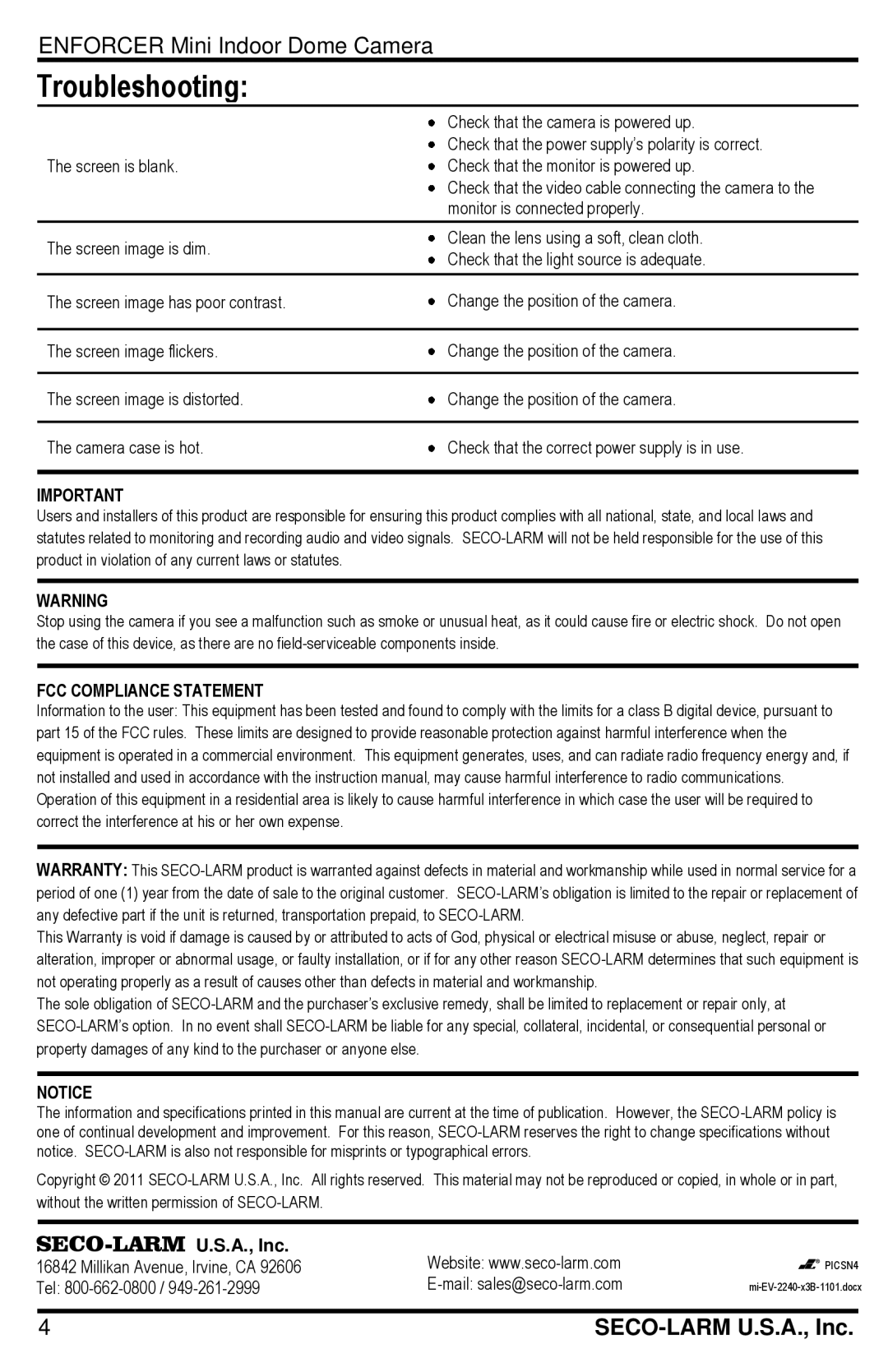 SECO-LARM USA EV-2240-P3B, EV-2240-N3B manual Troubleshooting, FCC Compliance Statement 