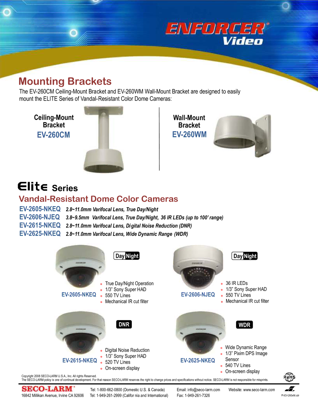 SECO-LARM USA EV-260 CM, EV-260 WM specifications Mounting Brackets, Vandal-Resistant Dome Color Cameras, Dnr, Wdr 