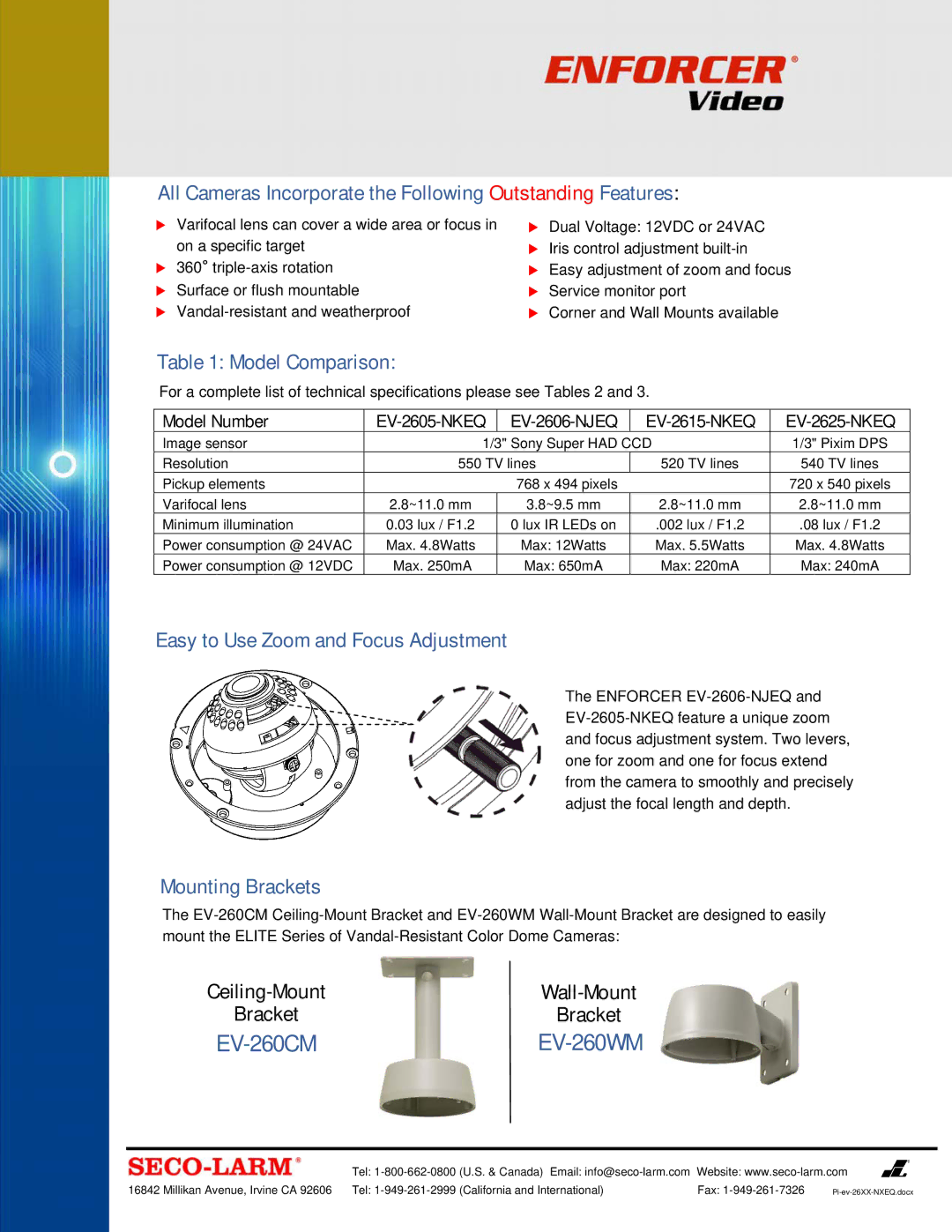 SECO-LARM USA EV-2625-NKEQ All Cameras Incorporate the Following Outstanding Features, Model Comparison, Mounting Brackets 