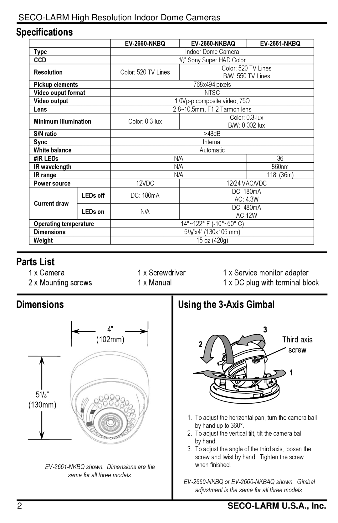 SECO-LARM USA EV-2660-NKBQ, EV-2660-NKBAQ manual Specifications, Parts List, Dimensions, Using the 3-Axis Gimbal, Ccd 