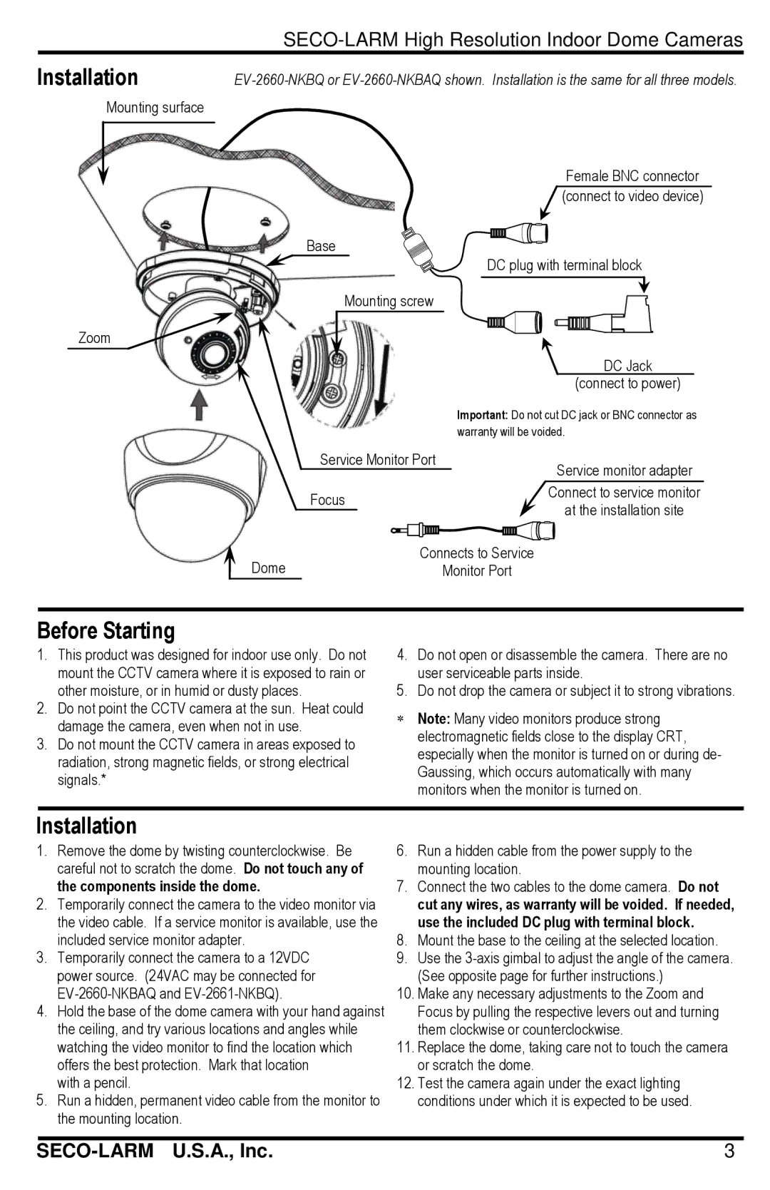 SECO-LARM USA EV-2660-NKBAQ, EV-2661-NKBQ 550, EV-2660-NKBQ manual Before Starting, Installation 