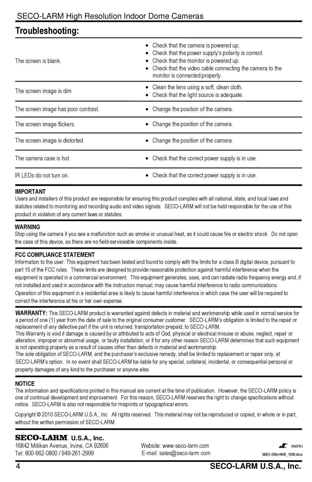 SECO-LARM USA EV-2661-NKBQ 550, EV-2660-NKBAQ, EV-2660-NKBQ manual Troubleshooting, FCC Compliance Statement 