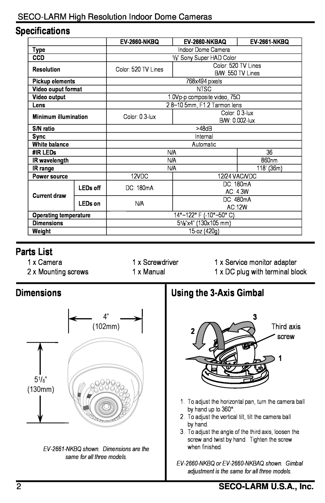 SECO-LARM USA EV-2660-NKBQ manual Specifications, Parts List, Dimensions, Using the 3-Axis Gimbal, SECO-LARM U.S.A., Inc 