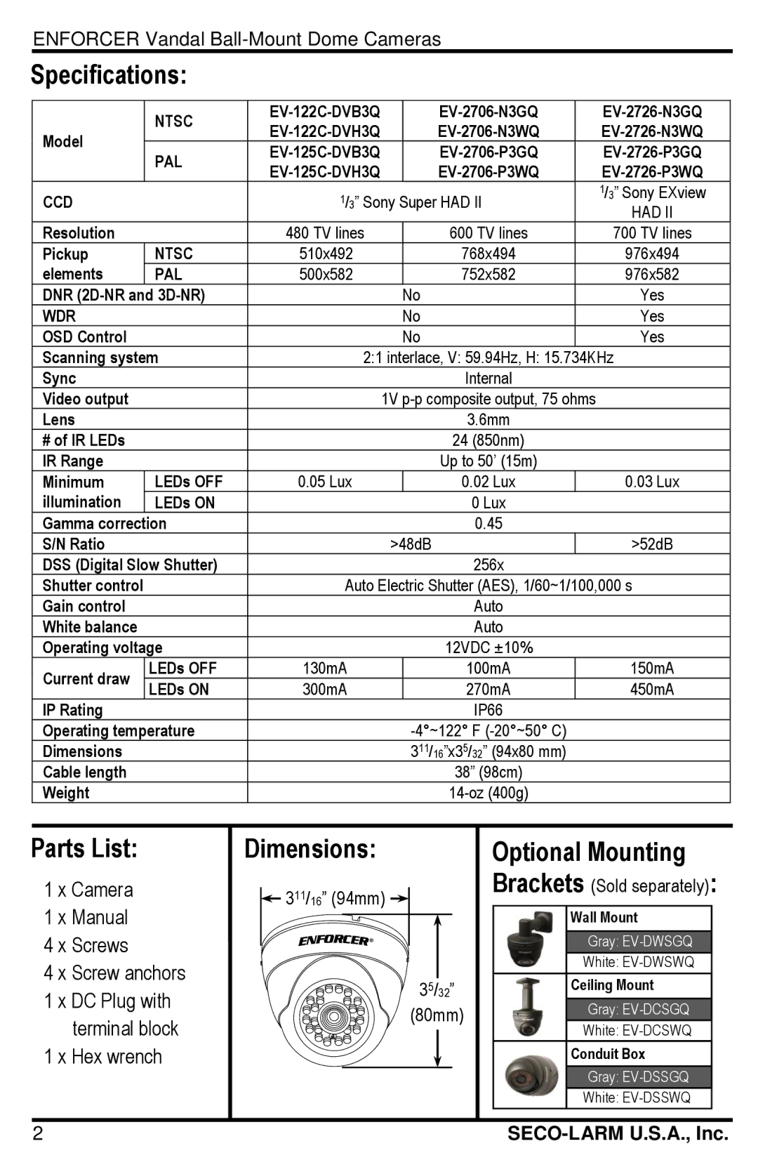 SECO-LARM USA EV-2706-P3WQ, EV-2726-N3WQ, EV-2726-N3GQ manual Specifications, Parts List, Dimensions, Optional Mounting 