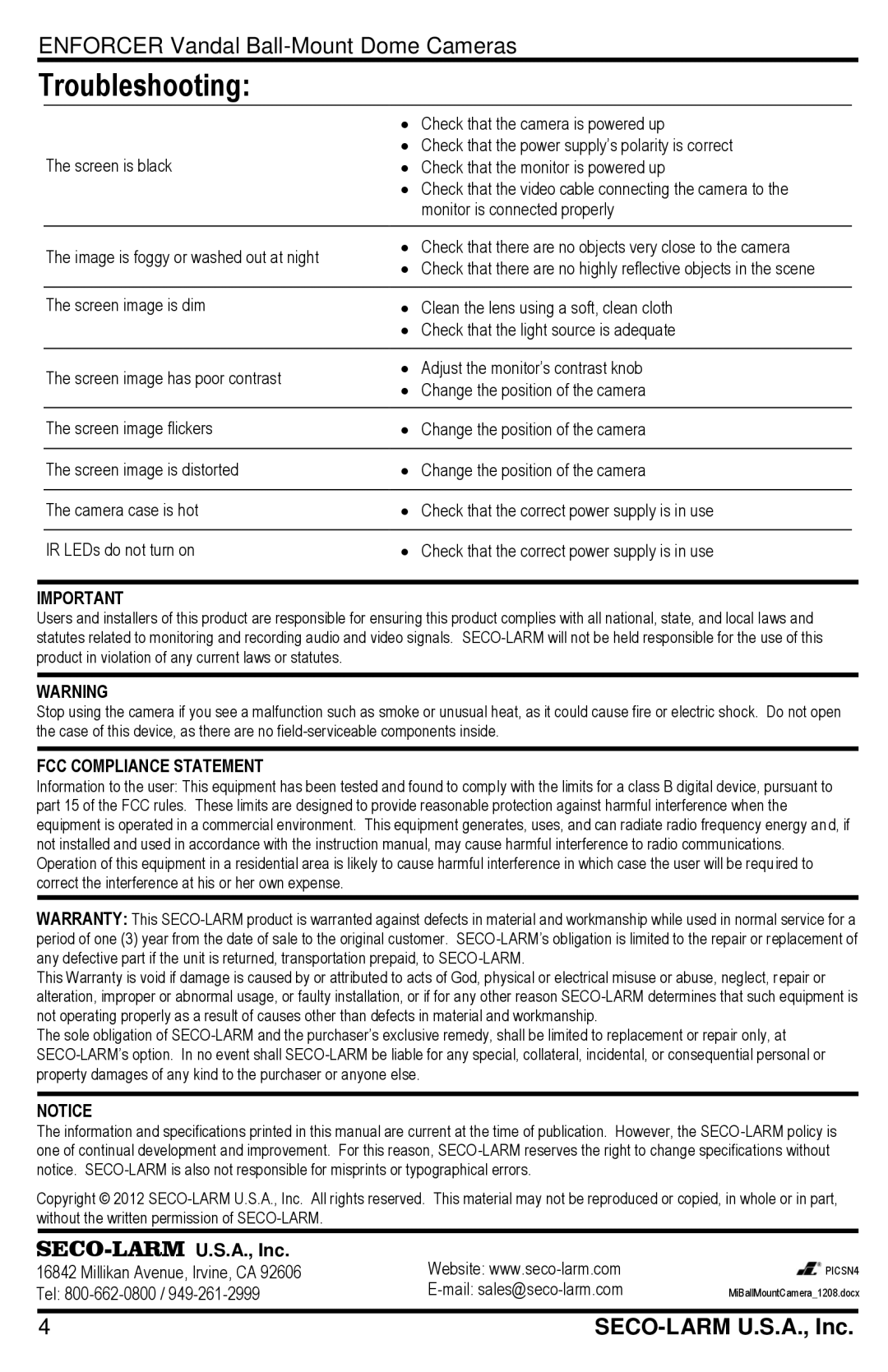 SECO-LARM USA EV-2706-N3GQ, EV-2726-N3WQ, EV-2726-N3GQ, EV-2706-P3WQ, EV-2706-N3WQ Troubleshooting, FCC Compliance Statement 