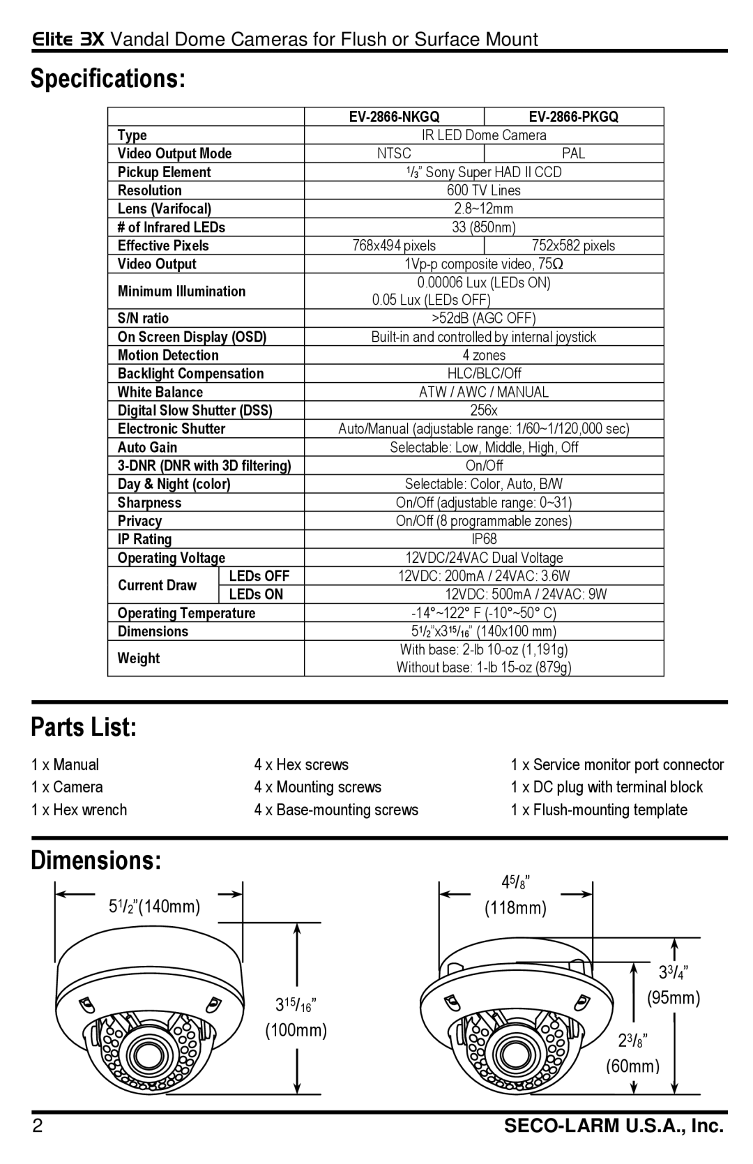 SECO-LARM USA EV-2866-NKGQ, EV-2866-PKGQ installation manual Specifications, Parts List, Dimensions 