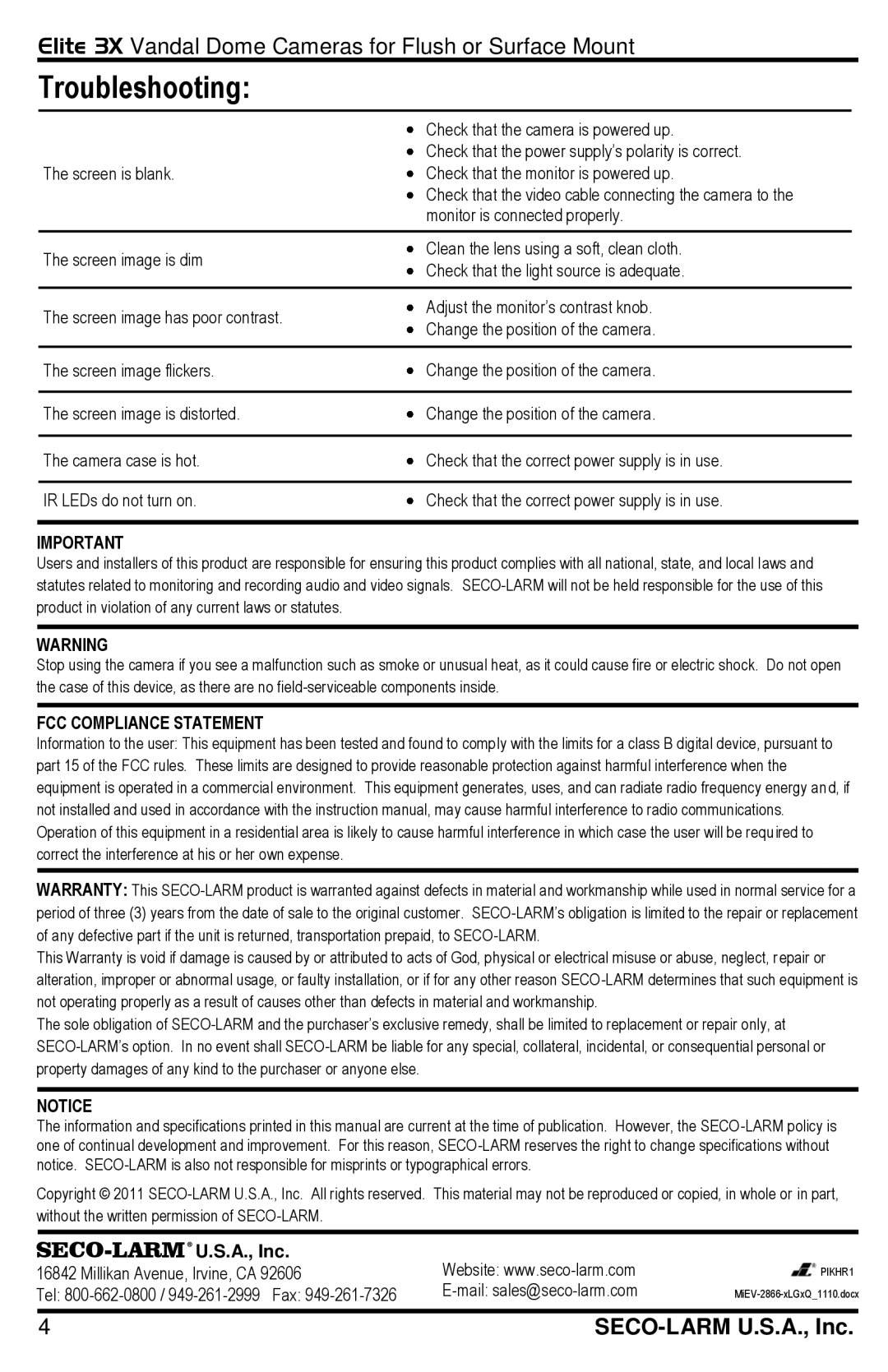 SECO-LARM USA EV-2866-NKGQ, EV-2866-PKGQ installation manual Troubleshooting, SECO-LARMU.S.A., Inc 