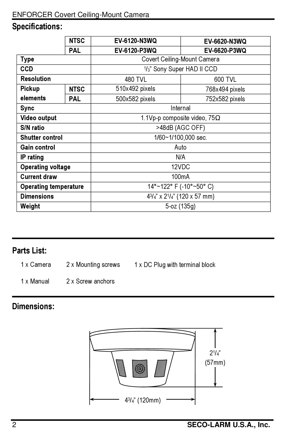 SECO-LARM USA EV-6620-P3WQ, EV-6120-P3WQ, EV-6620-N3WQ, EV-6120-N3WQ manual Specifications, Parts List, Dimensions 