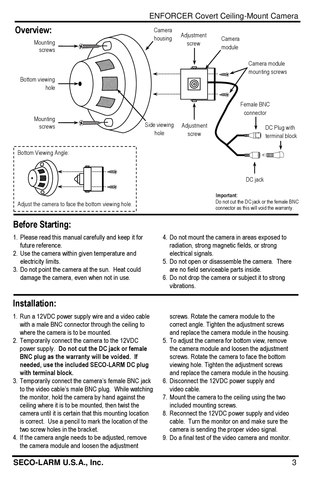 SECO-LARM USA EV-6120-N3WQ, EV-6120-P3WQ, EV-6620-N3WQ, EV-6620-P3WQ manual Overview, Before Starting, Installation 