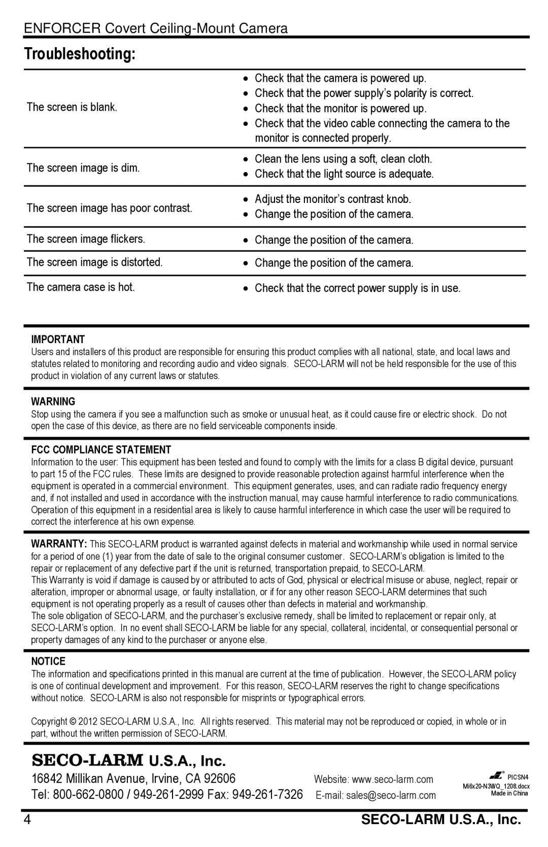 SECO-LARM USA EV-6120-P3WQ, EV-6620-N3WQ, EV-6620-P3WQ, EV-6120-N3WQ manual Troubleshooting, FCC Compliance Statement 