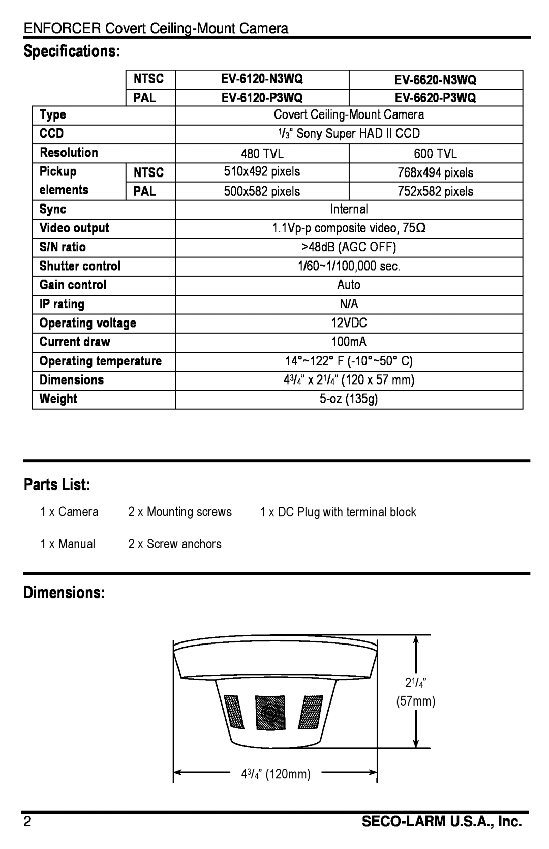 SECO-LARM USA EV-6620-P3WQ manual Specifications, Parts List, Dimensions, ENFORCER Covert Ceiling-Mount Camera, x Camera 