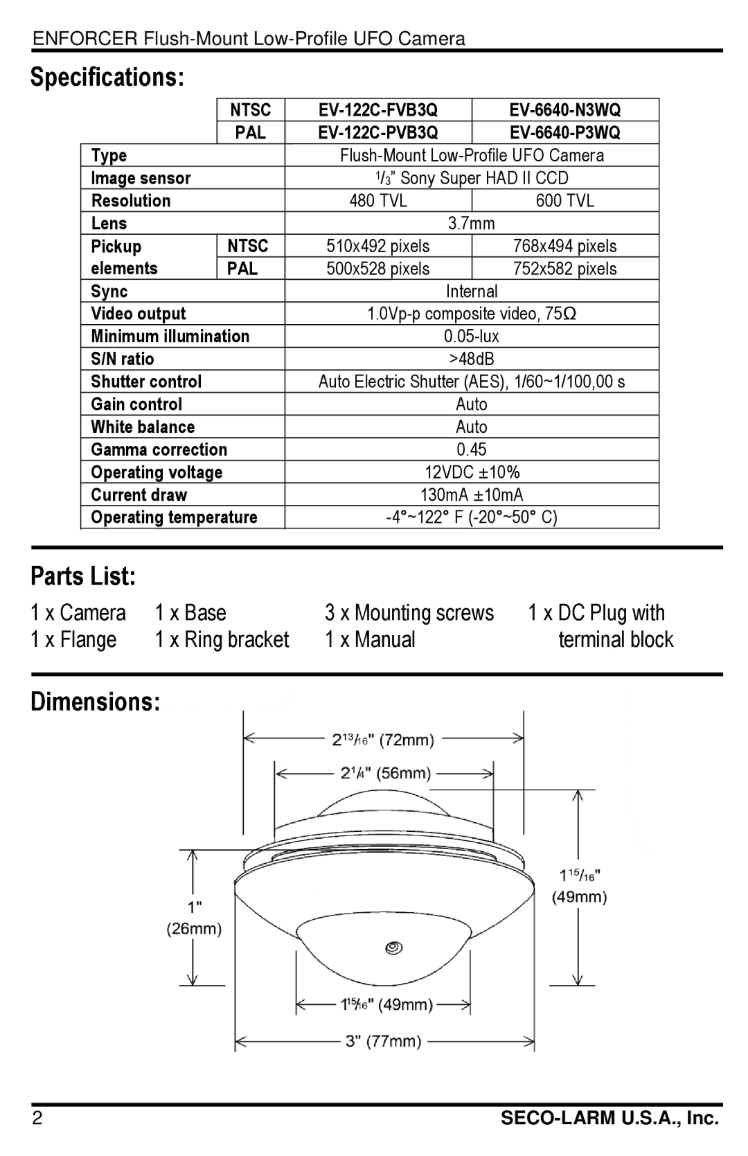 SECO-LARM USA EV-122C-FVB3Q, EV-6640-P3WQ, EV-6640-N3WQ, EV-122C-PVB3Q manual Specifications, Parts List, Dimensions 