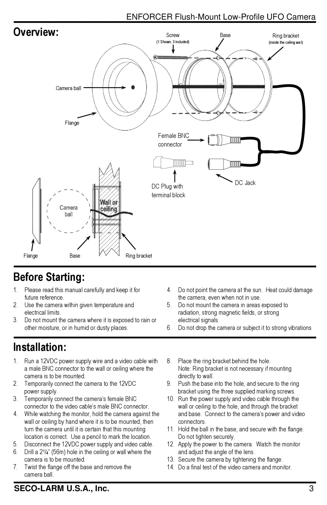 SECO-LARM USA EV-122C-PVB3Q, EV-6640-P3WQ, EV-6640-N3WQ, EV-122C-FVB3Q manual Overview, Before Starting, Installation 