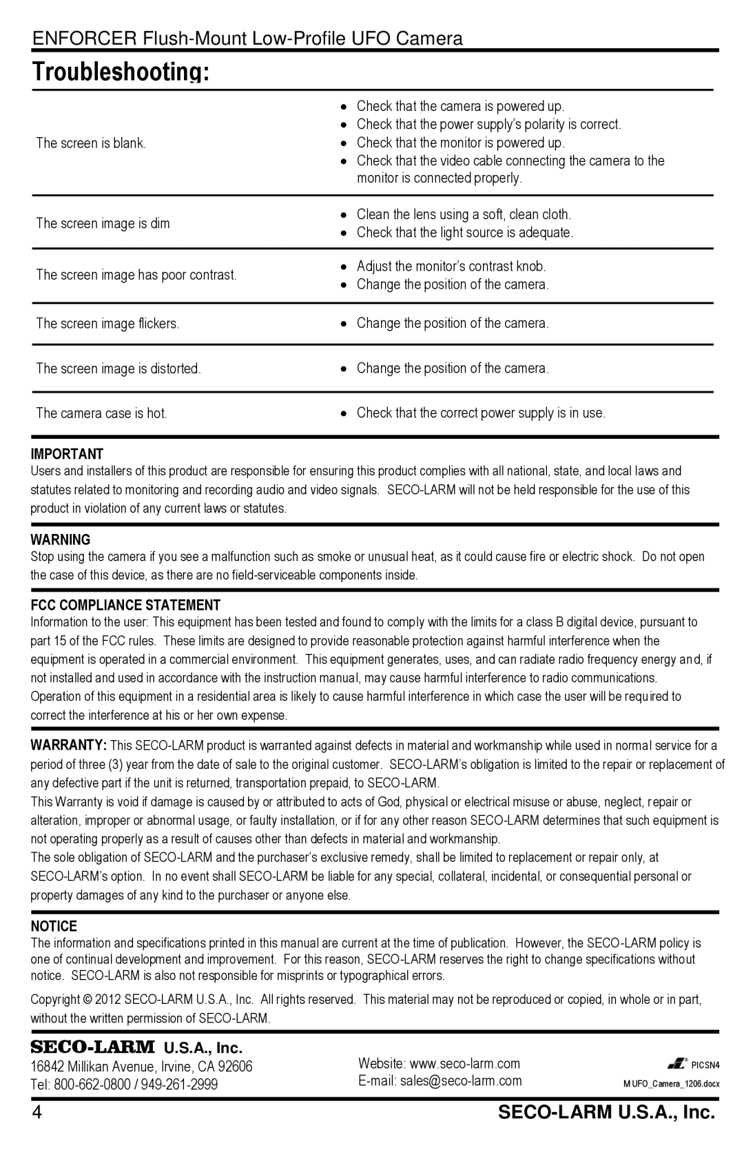 SECO-LARM USA EV-6640-P3WQ, EV-6640-N3WQ, EV-122C-FVB3Q, EV-122C-PVB3Q manual Troubleshooting, FCC Compliance Statement 