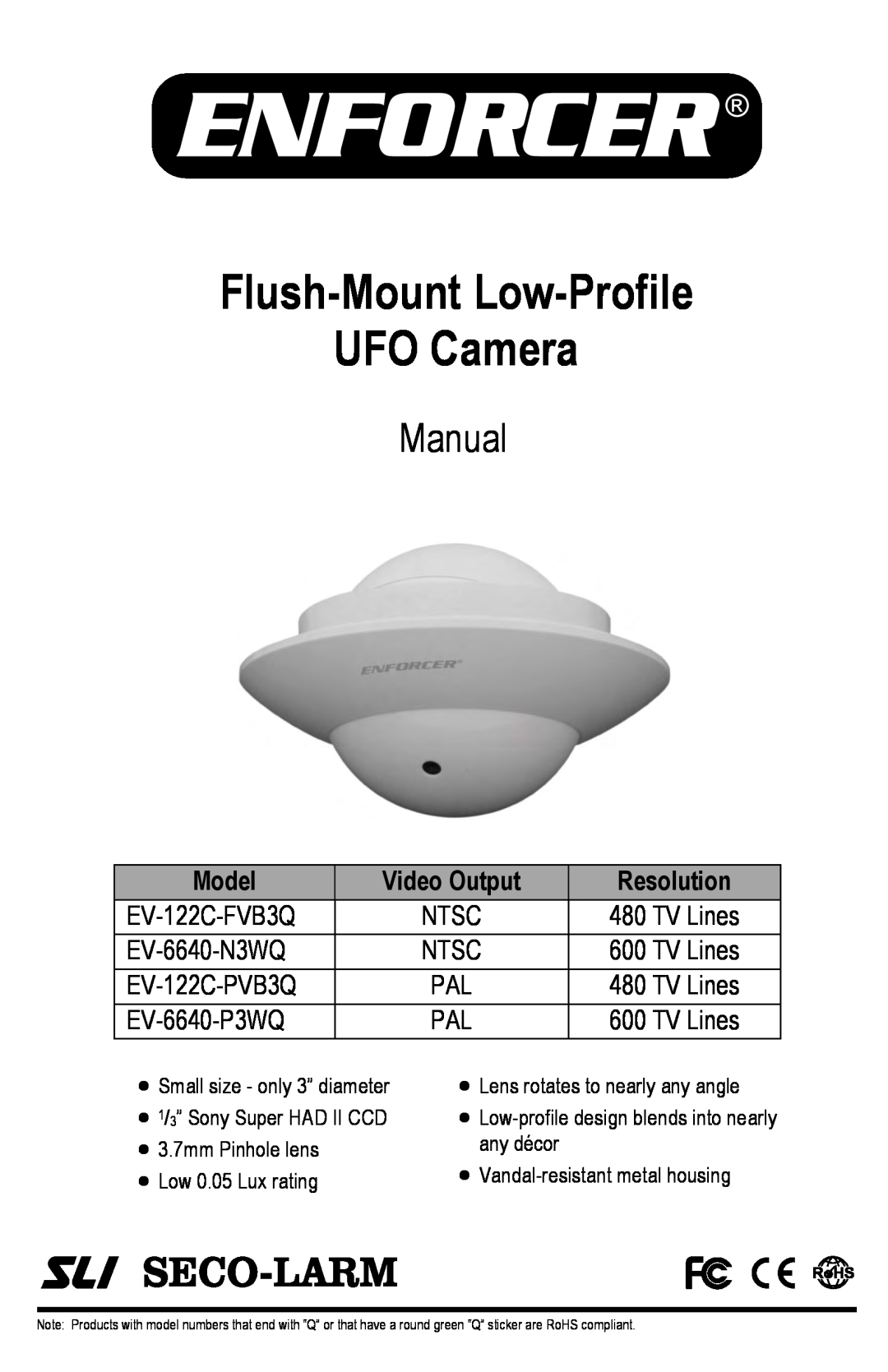 SECO-LARM USA EV-6640-N3WQ manual Flush-Mount Low-Profile UFO Camera, Manual, Model, Video Output, Resolution 