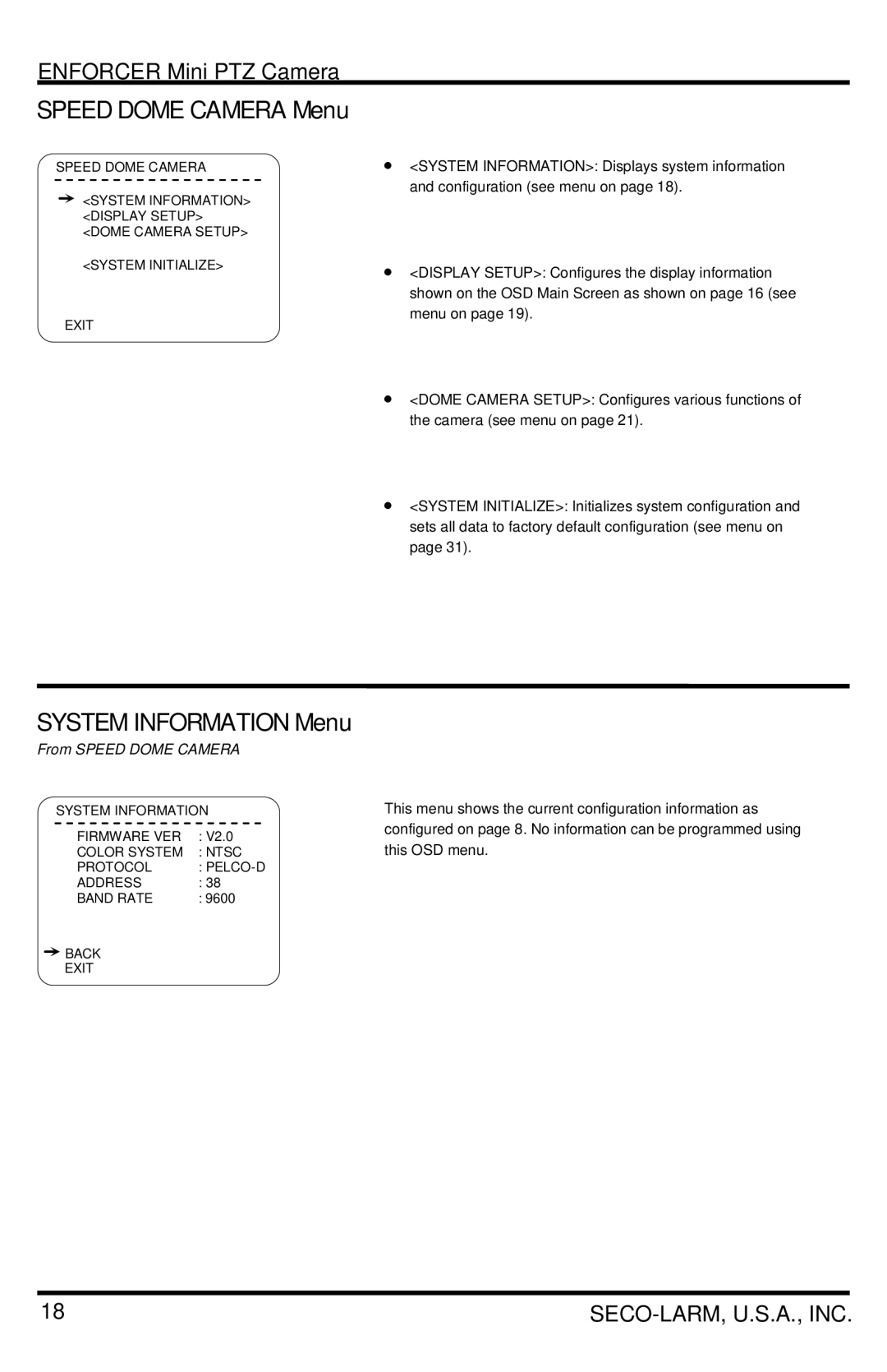 SECO-LARM USA EV-7105-NPEQ, EV-7105-PPEQ manual Speed Dome Camera Menu, System Information Menu, From Speed Dome Camera 