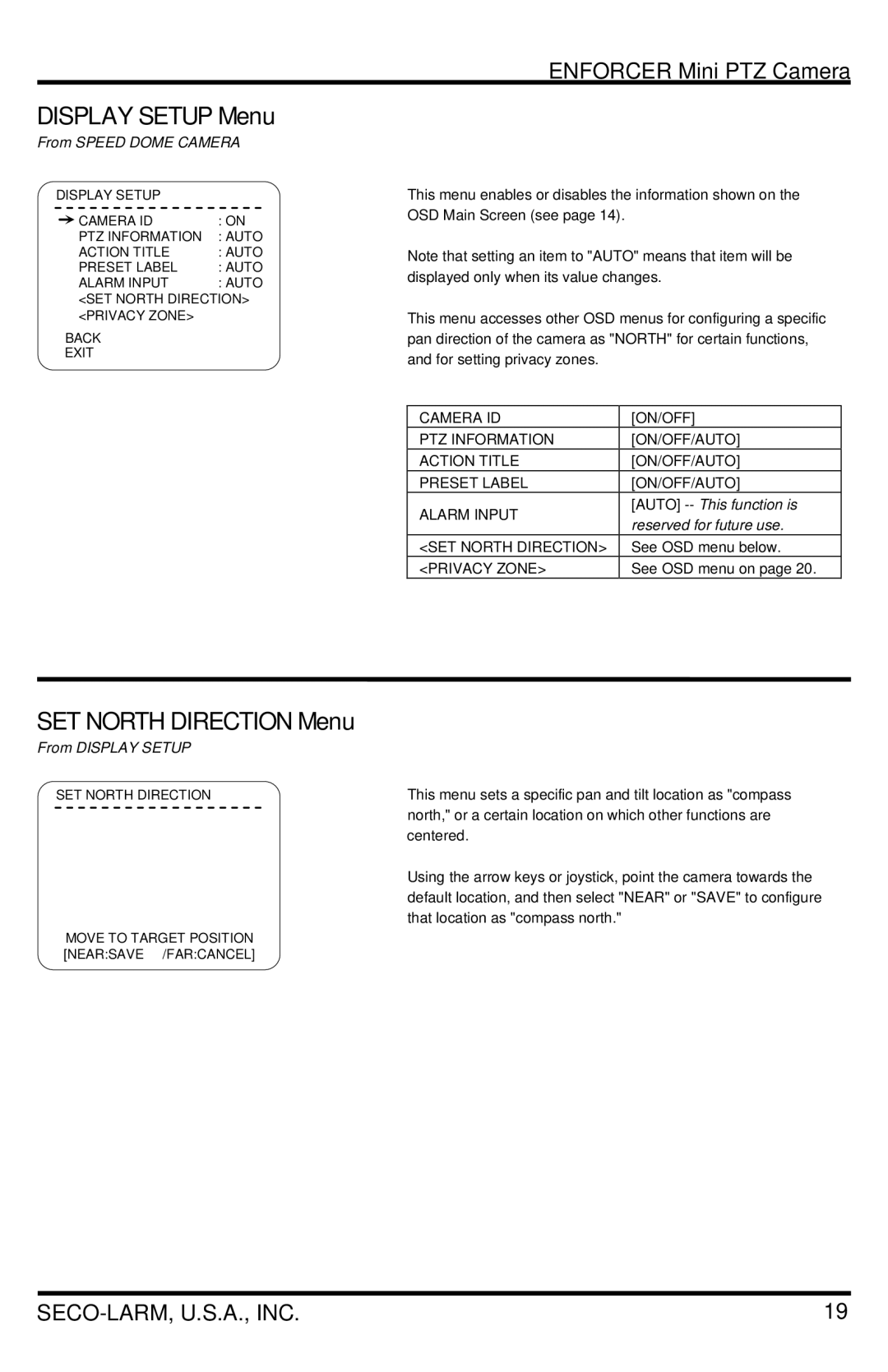 SECO-LARM USA EV-7105-PPEQ Display Setup Menu, SET North Direction Menu, Auto -- This function is, Reserved for future use 