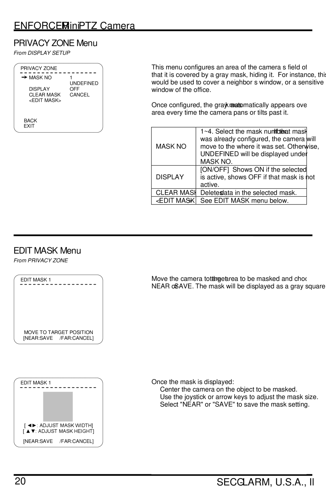 SECO-LARM USA EV-7105-NPEQ, EV-7105-PPEQ manual Privacy Zone Menu, Edit Mask Menu, Mask no, Clear Mask, From Privacy Zone 