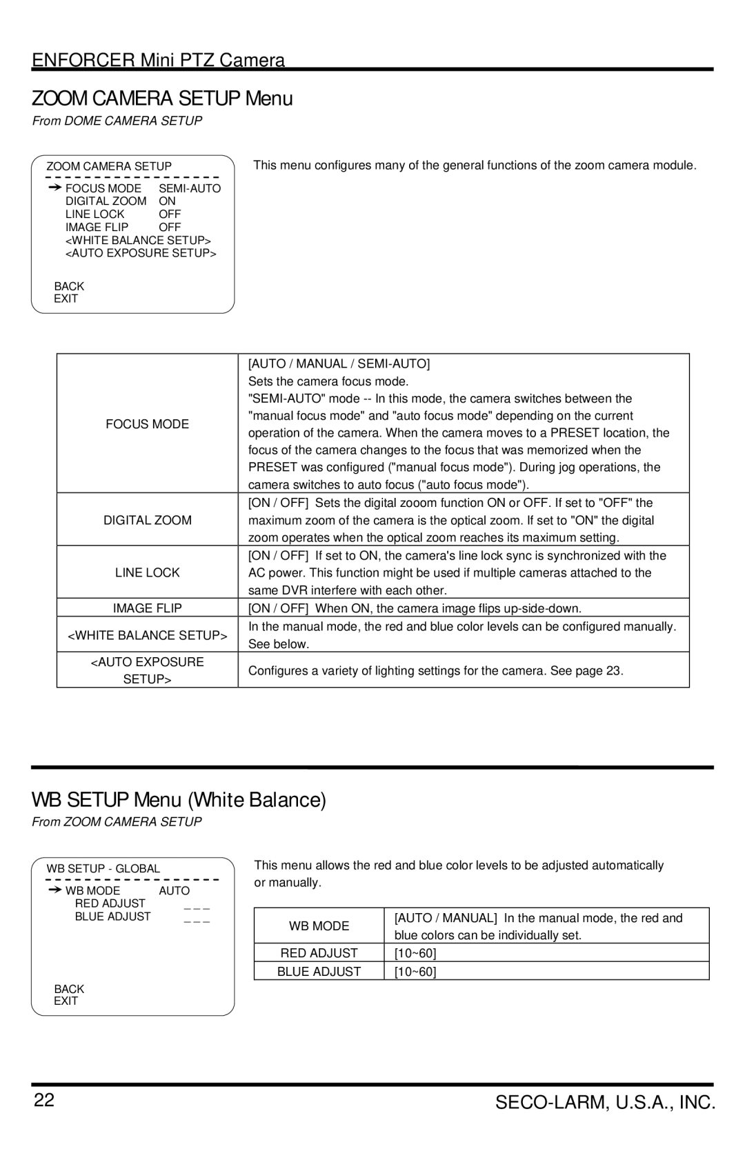 SECO-LARM USA EV-7105-NPEQ, EV-7105-PPEQ manual Zoom Camera Setup Menu, WB Setup Menu White Balance, From Dome Camera Setup 