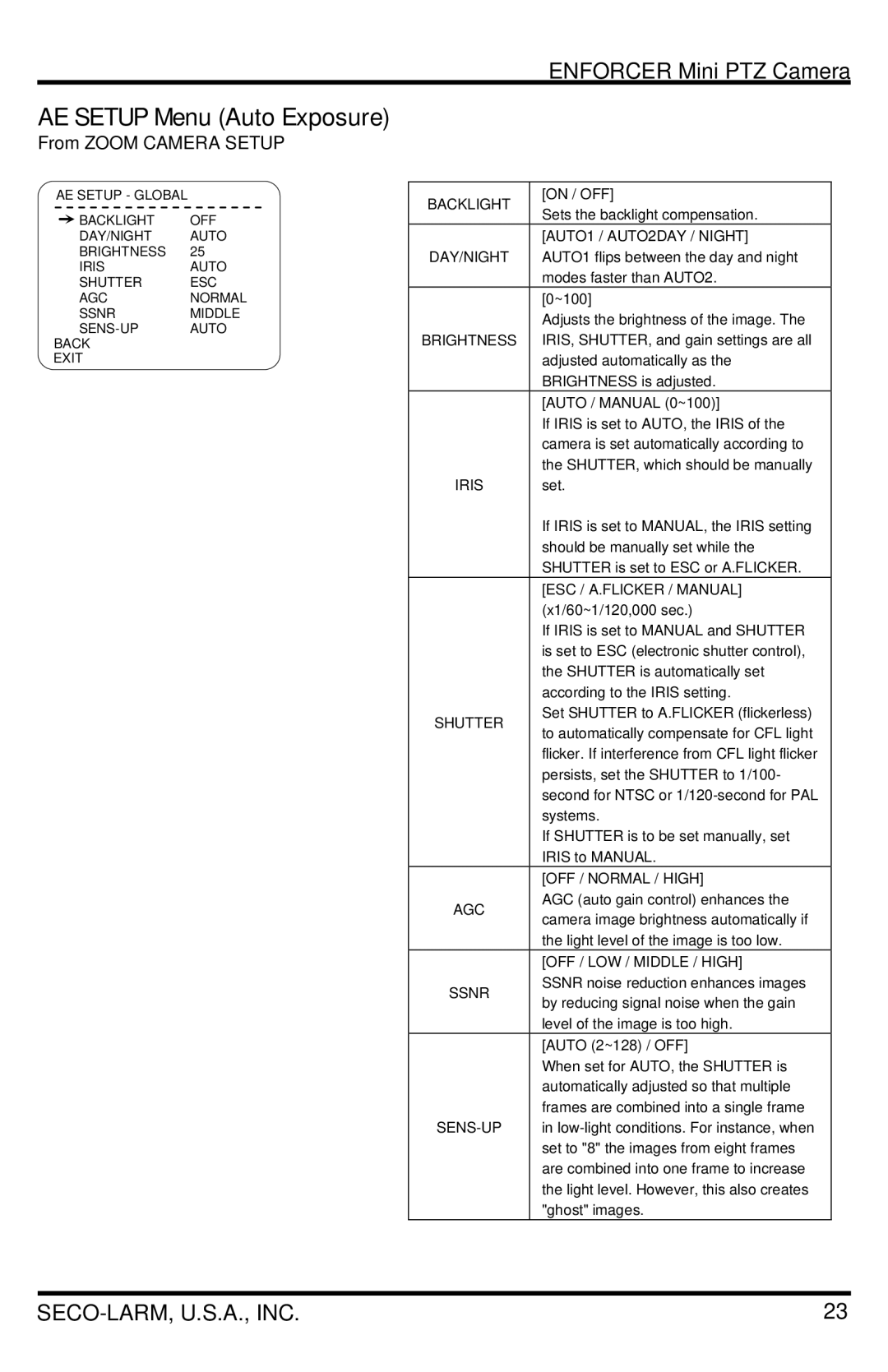 SECO-LARM USA EV-7105-PPEQ, EV-7105-NPEQ manual AE Setup Menu Auto Exposure 