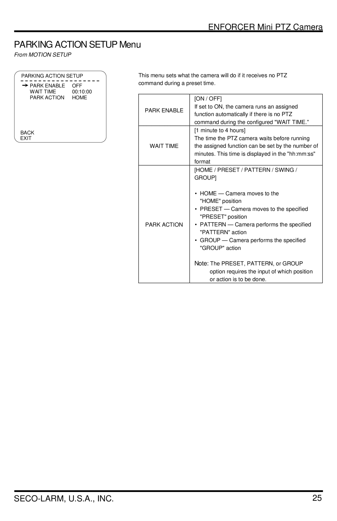 SECO-LARM USA EV-7105-PPEQ manual Parking Action Setup Menu, From Motion Setup, Home / Preset / Pattern / Swing, Group 