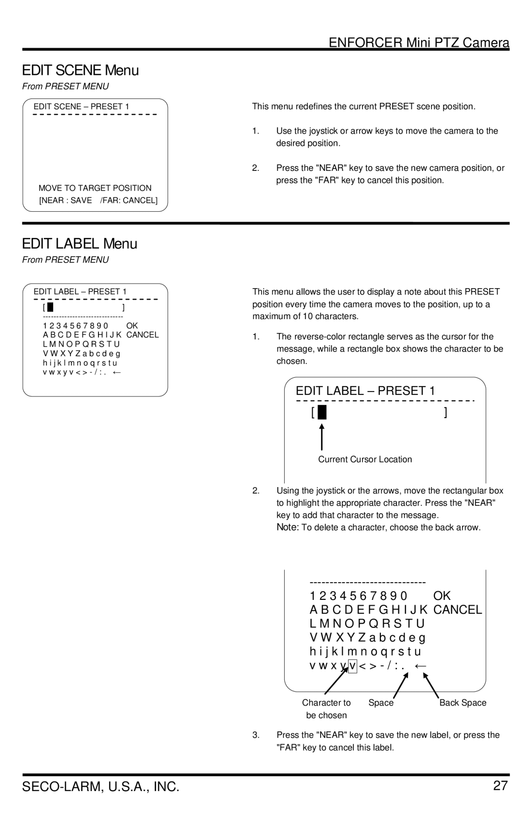 SECO-LARM USA EV-7105-PPEQ, EV-7105-NPEQ manual Edit Scene Menu, Edit Label Menu, From Preset Menu 