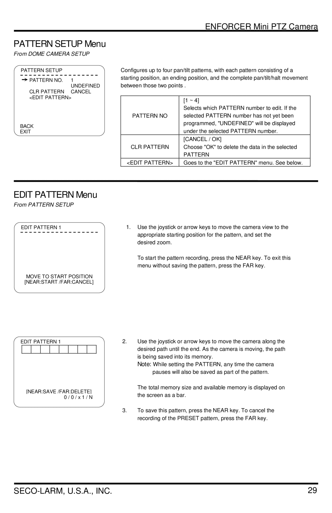 SECO-LARM USA EV-7105-PPEQ, EV-7105-NPEQ manual Pattern Setup Menu, Edit Pattern Menu, From Pattern Setup 