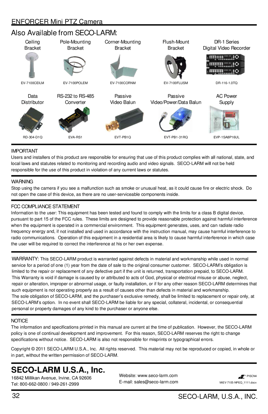 SECO-LARM USA EV-7105-NPEQ, EV-7105-PPEQ manual Also Available from SECO-LARM, SECO-LARM U.S.A., Inc 