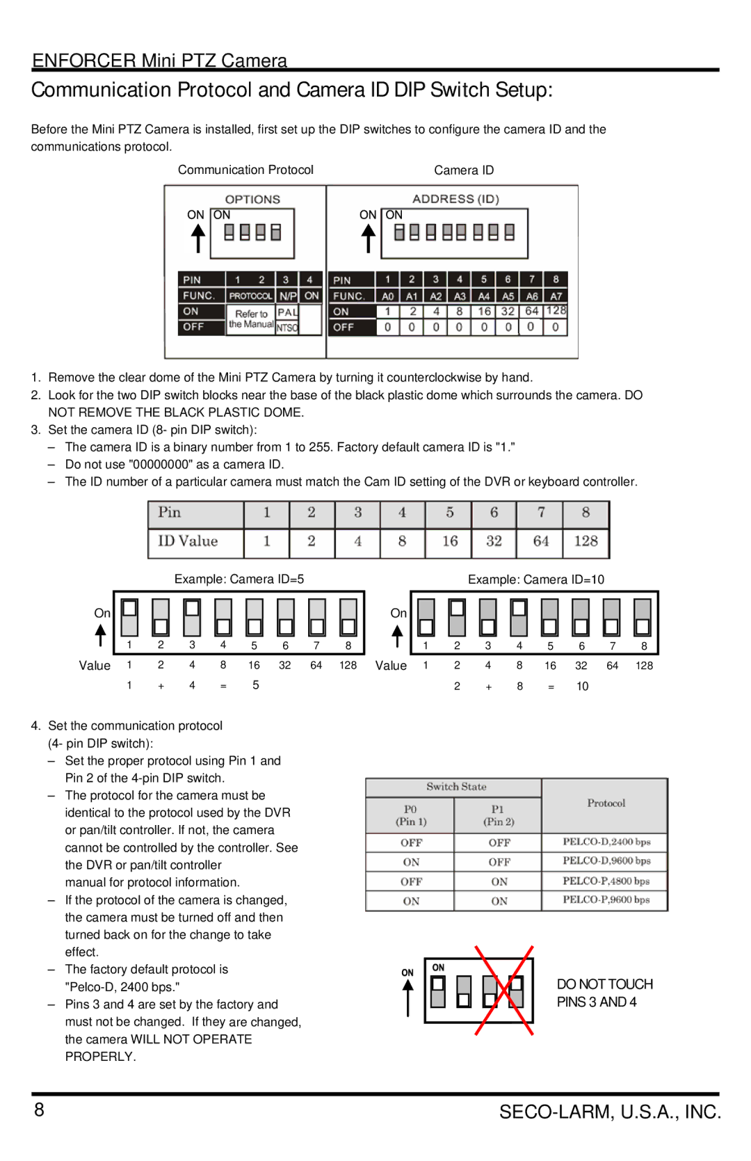 SECO-LARM USA EV-7105-PPEQ, EV-7105-NPEQ manual Communication Protocol and Camera ID DIP Switch Setup 