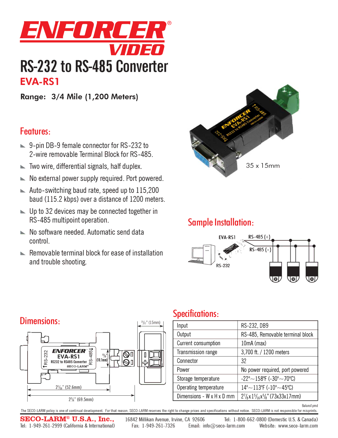 SECO-LARM USA EVA-RS1 specifications Features, Sample Installation, Dimensions, Specifications 