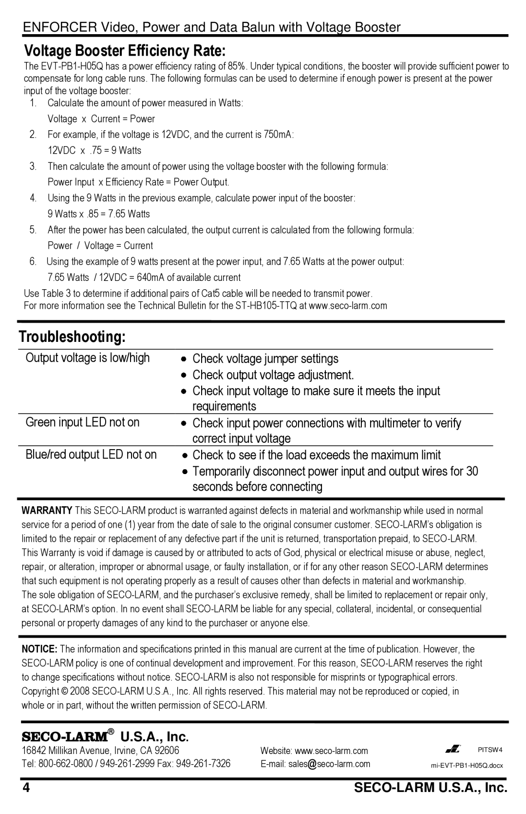 SECO-LARM USA EVT-PB1-H05Q manual Voltage Booster Efficiency Rate, Troubleshooting 