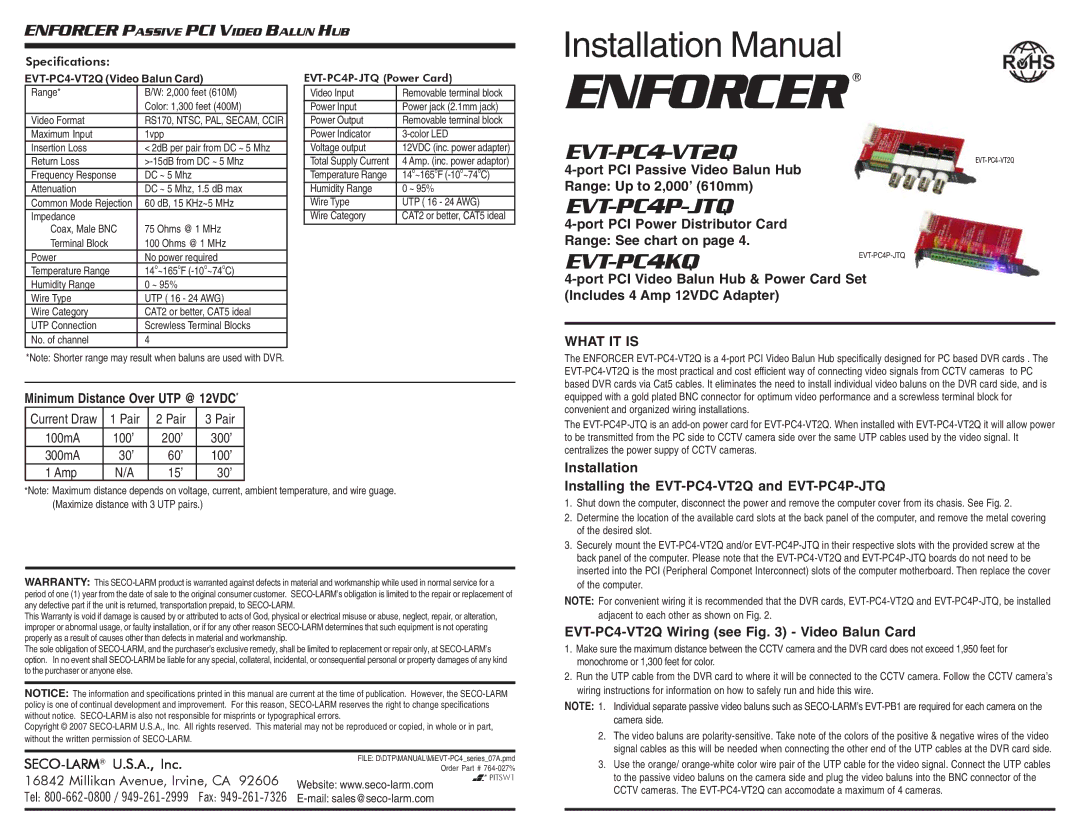 SECO-LARM USA EVT-PC4KQ, EVT-PC4P-JTQ installation manual Port PCI Passive Video Balun Hub Range Up to 2,000’ 610mm 
