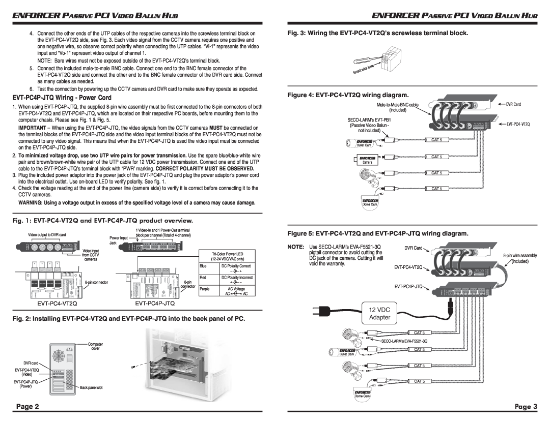 SECO-LARM USA EVT-PC4KQ EVT-PC4P-JTQ Wiring - Power Cord, Page, EVT-PC4-VT2Q and EVT-PC4P-JTQ product overview 
