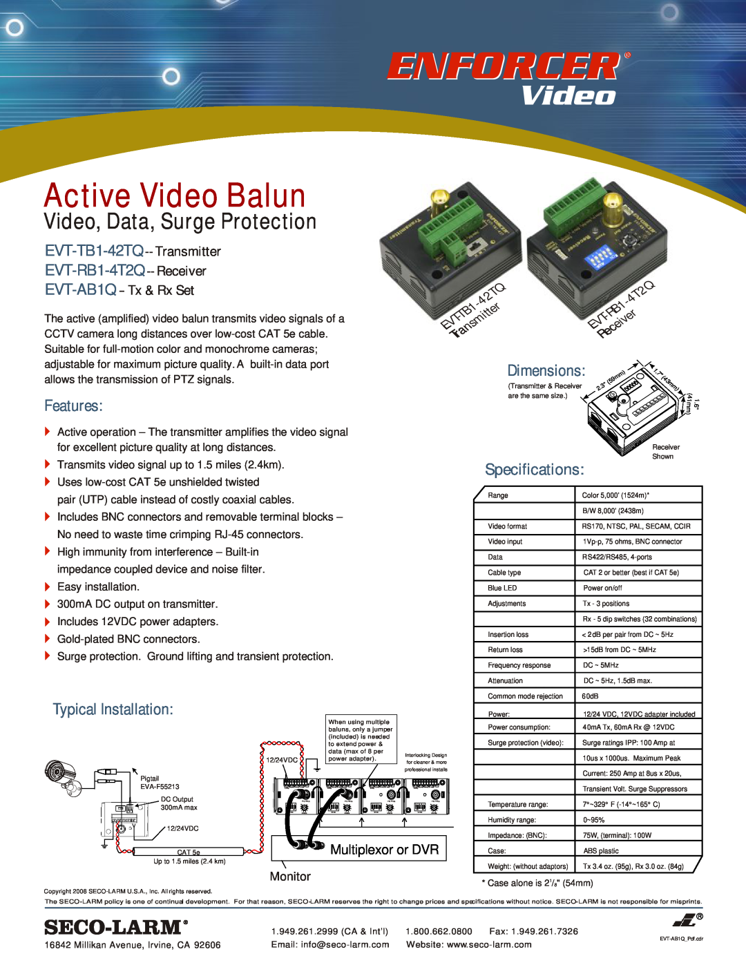 SECO-LARM USA specifications EVT-RB1-4T2Q -- Receiver, Features, Typical Installation, Specifications, Dimensions 