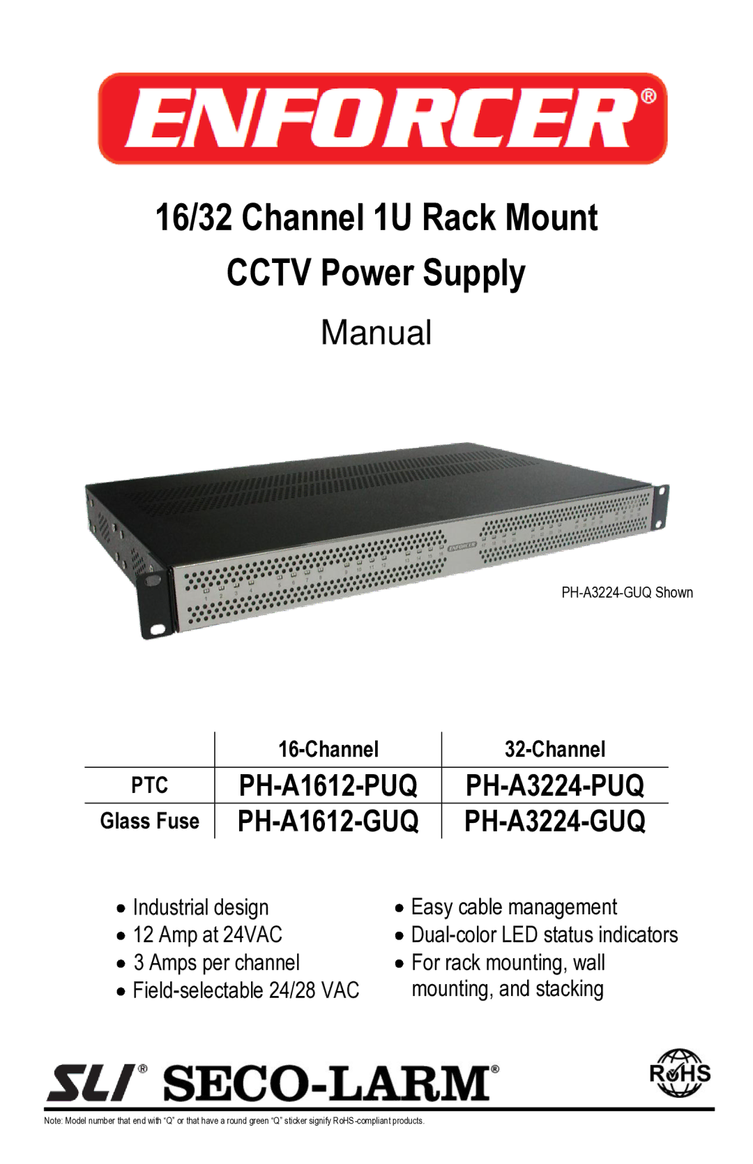 SECO-LARM USA PH-A1612-PUQ, PH-A3224-PUQ, PH-A3224-GUQ, PH-A1612-GUQ manual 16/32 Channel 1U Rack Mount Cctv Power Supply 