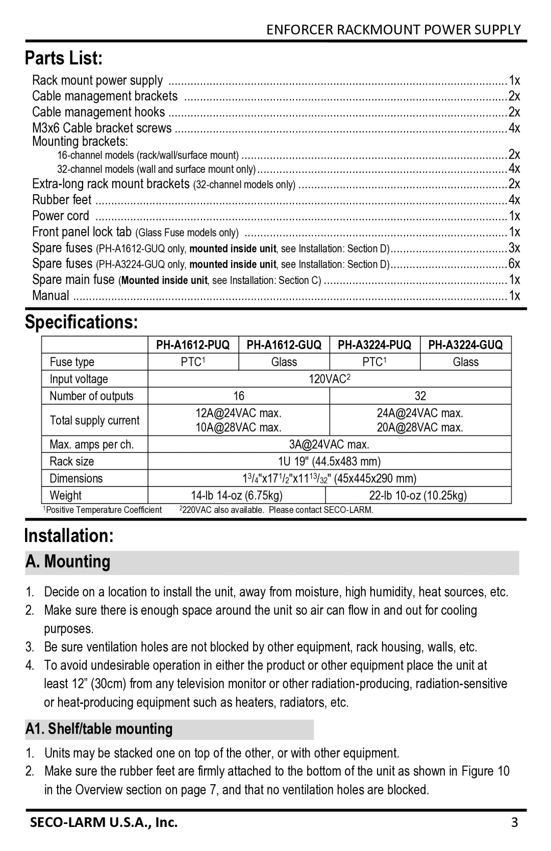 SECO-LARM USA PH-A1612-GUQ, PH-A3224-PUQ manual Parts List, Specifications, Installation, Mounting, A1. Shelf/table mounting 