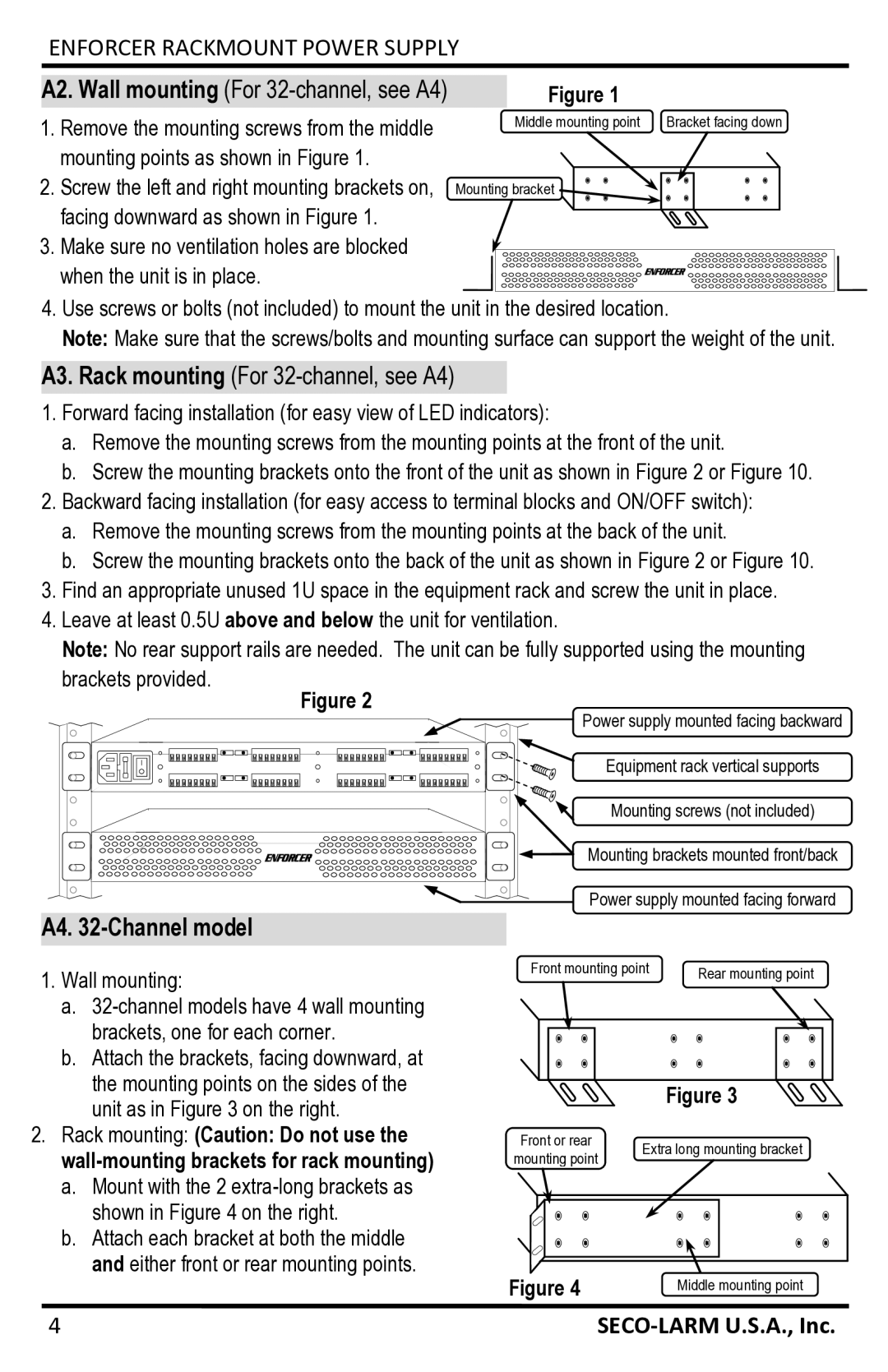 SECO-LARM USA PH-A3224-PUQ, PH-A1612-PUQ, PH-A3224-GUQ manual A2. Wall mounting For 32-channel, see A4, A4 -Channel model 