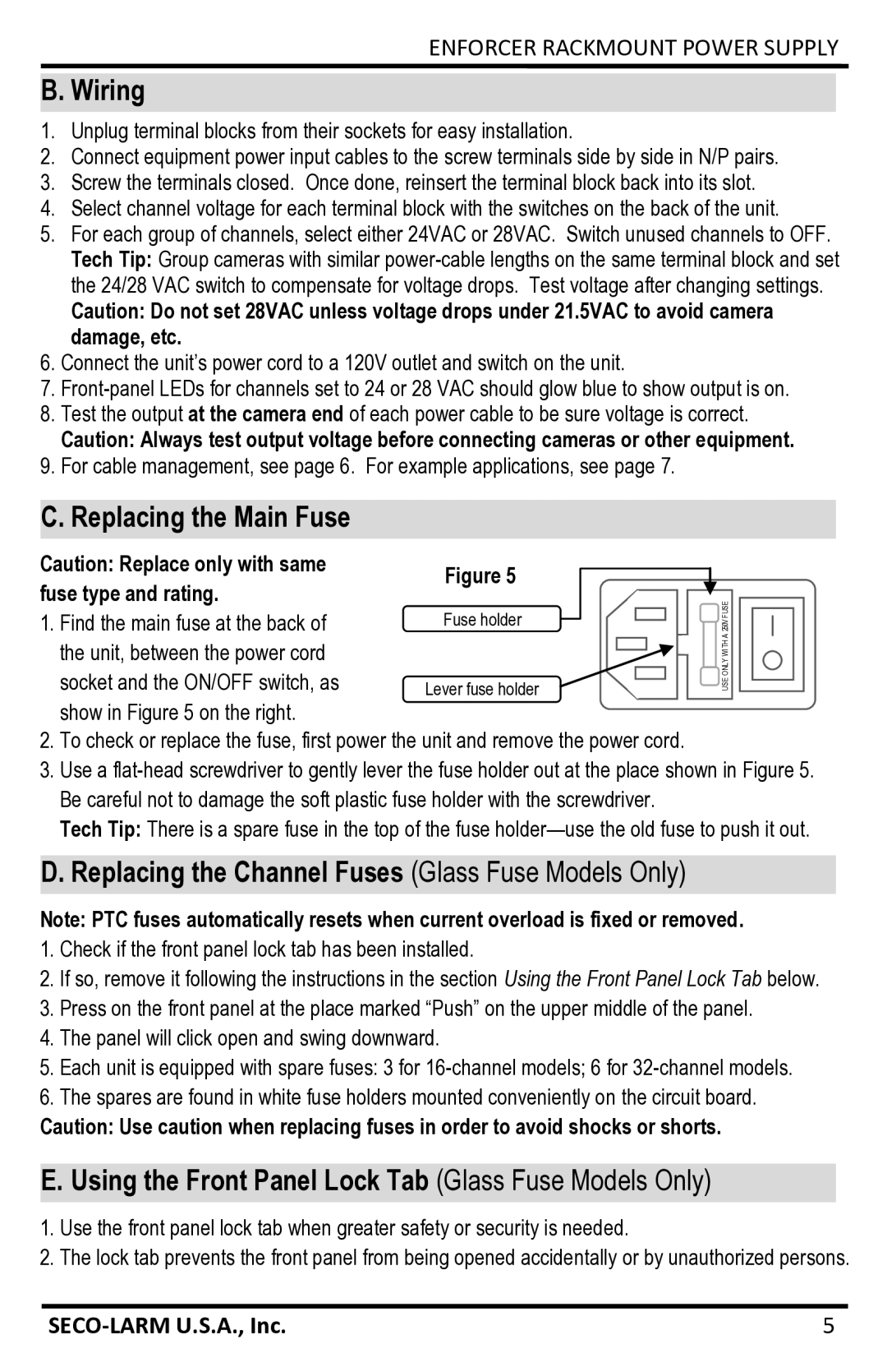 SECO-LARM USA PH-A1612-PUQ manual Wiring, Replacing the Main Fuse, Replacing the Channel Fuses Glass Fuse Models Only 