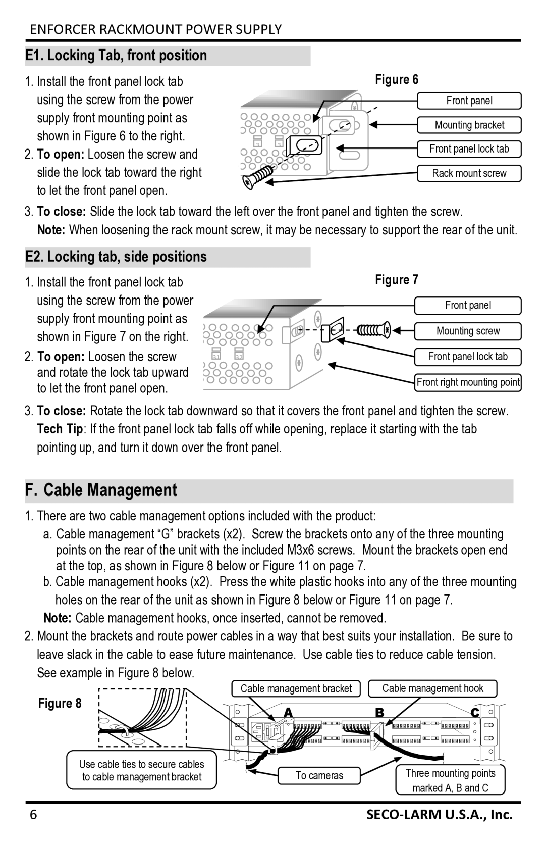 SECO-LARM USA PH-A3224-GUQ manual Cable Management, E1. Locking Tab, front position, E2. Locking tab, side positions 