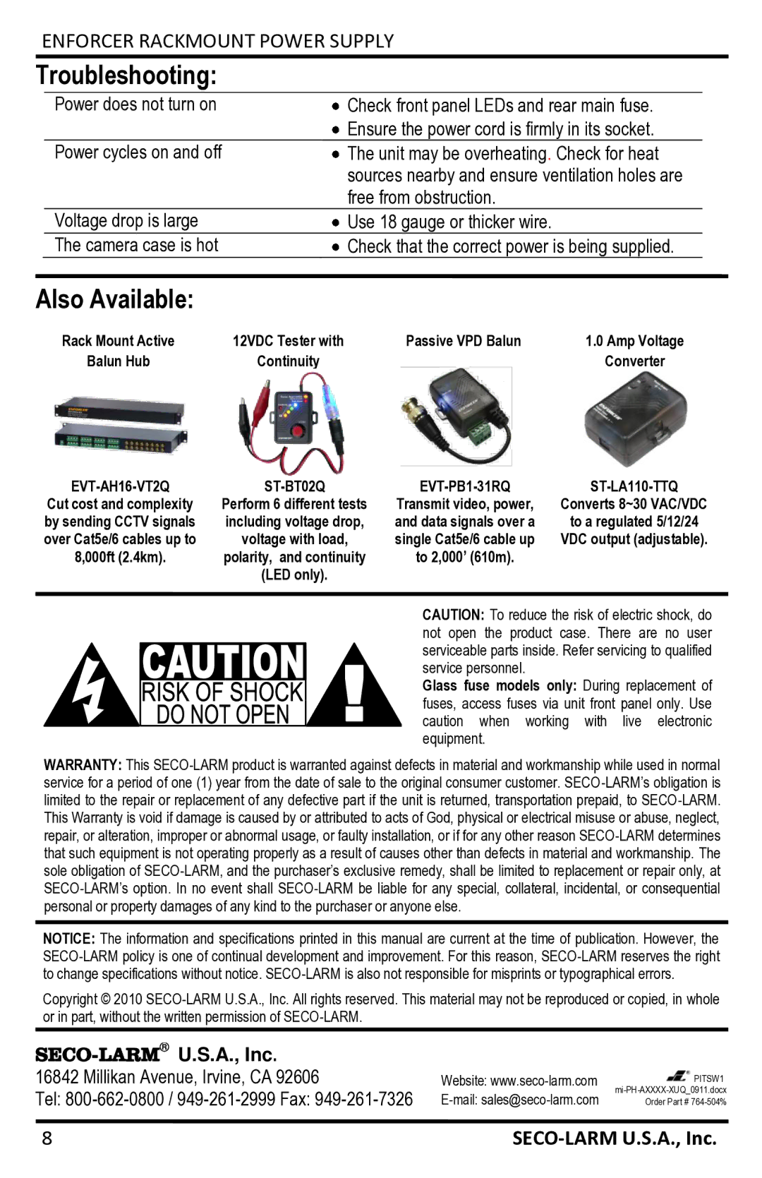 SECO-LARM USA PH-A3224-PUQ, PH-A1612-PUQ, PH-A3224-GUQ, PH-A1612-GUQ manual Troubleshooting, Also Available 