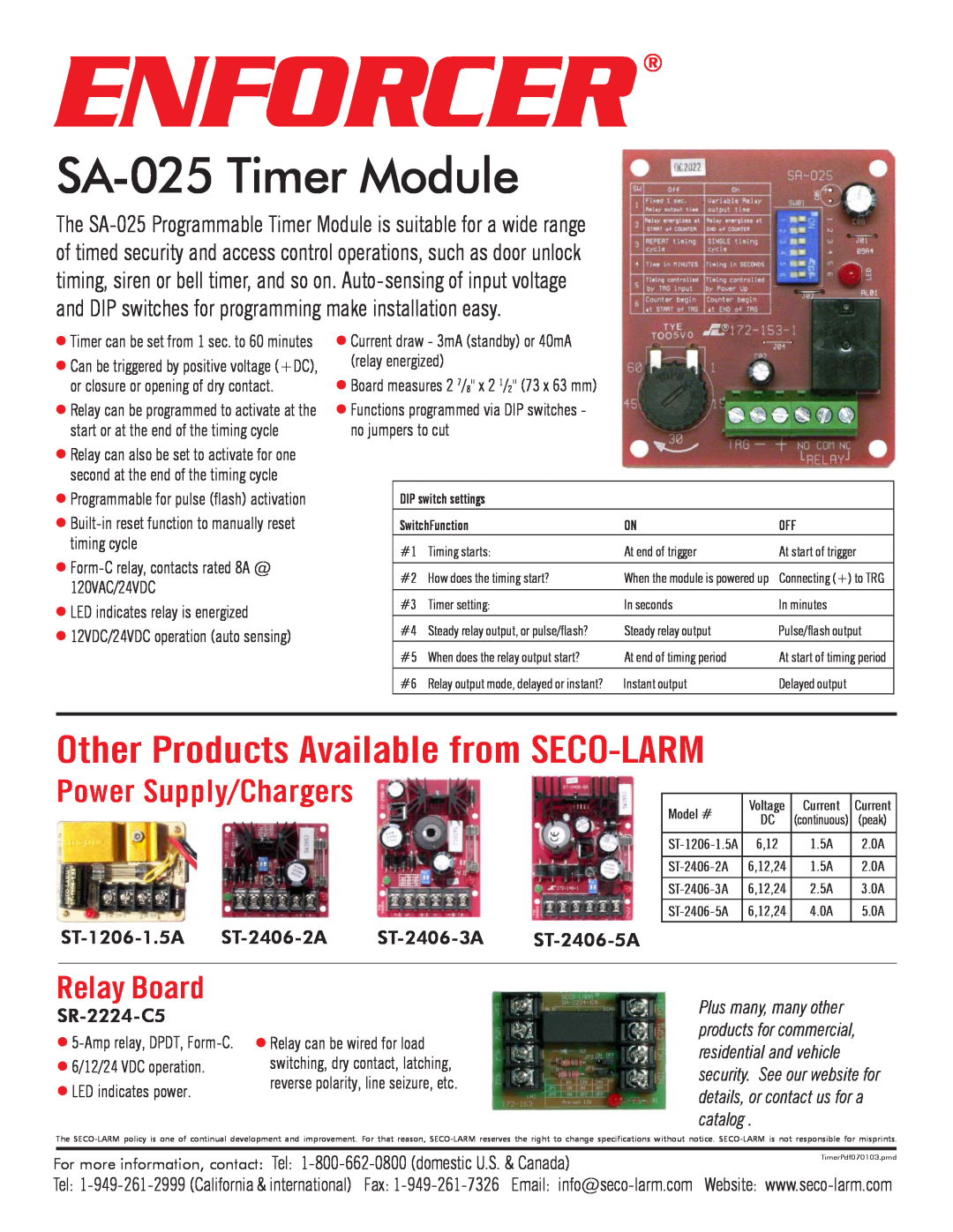 SECO-LARM USA specifications Enforcer, SA-025Timer Module, Other Products Available from SECO-LARM, Relay Board 