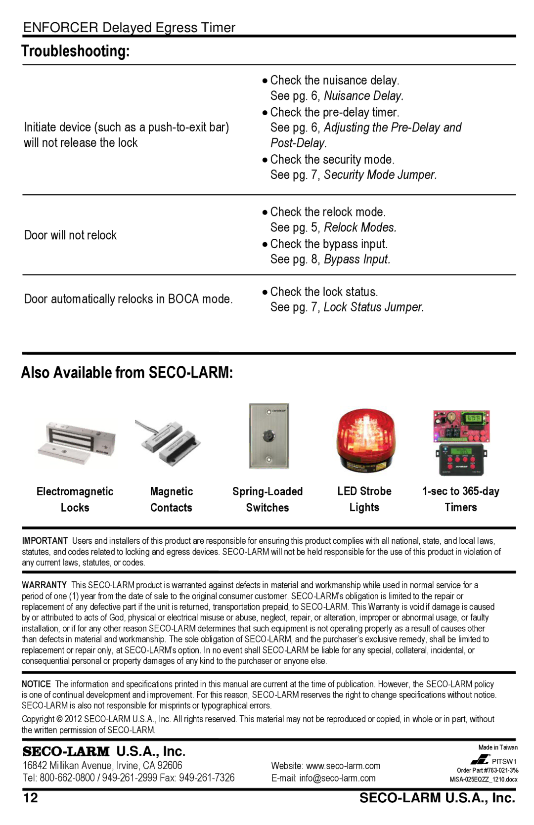 SECO-LARM USA SA-025EQ manual Troubleshooting, Also Available from SECO-LARM 