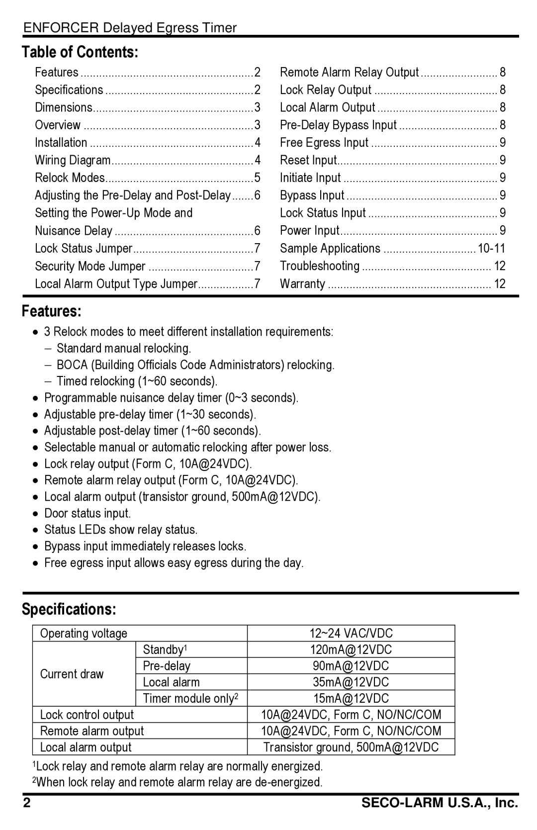 SECO-LARM USA SA-025EQ manual Table of Contents, Features, Specifications 